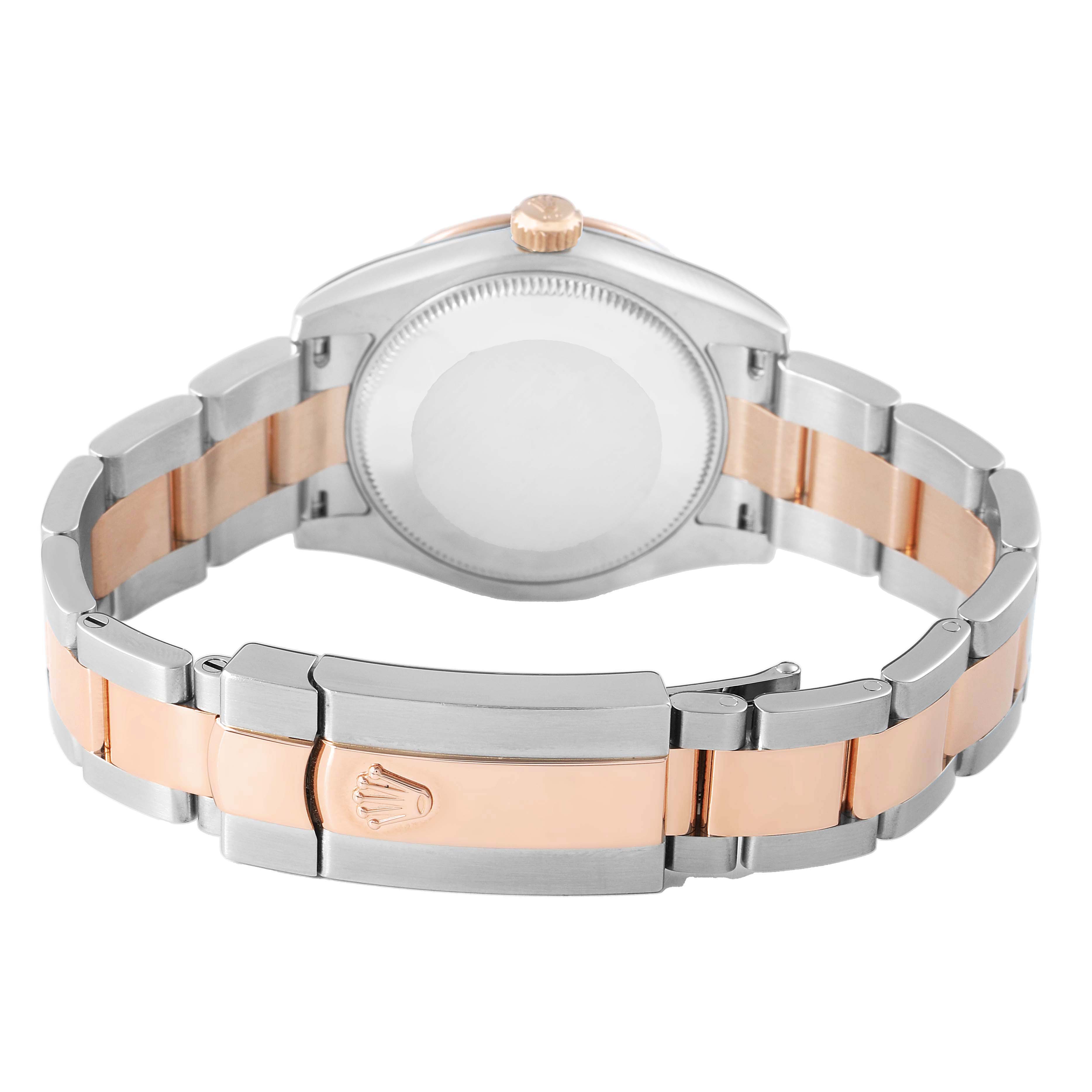 The Rolex Datejust 178341 Women's Steel and Gold (two tone) Brown Dial watch is shown from the back, highlighting the case back and two-tone bracelet clasp.