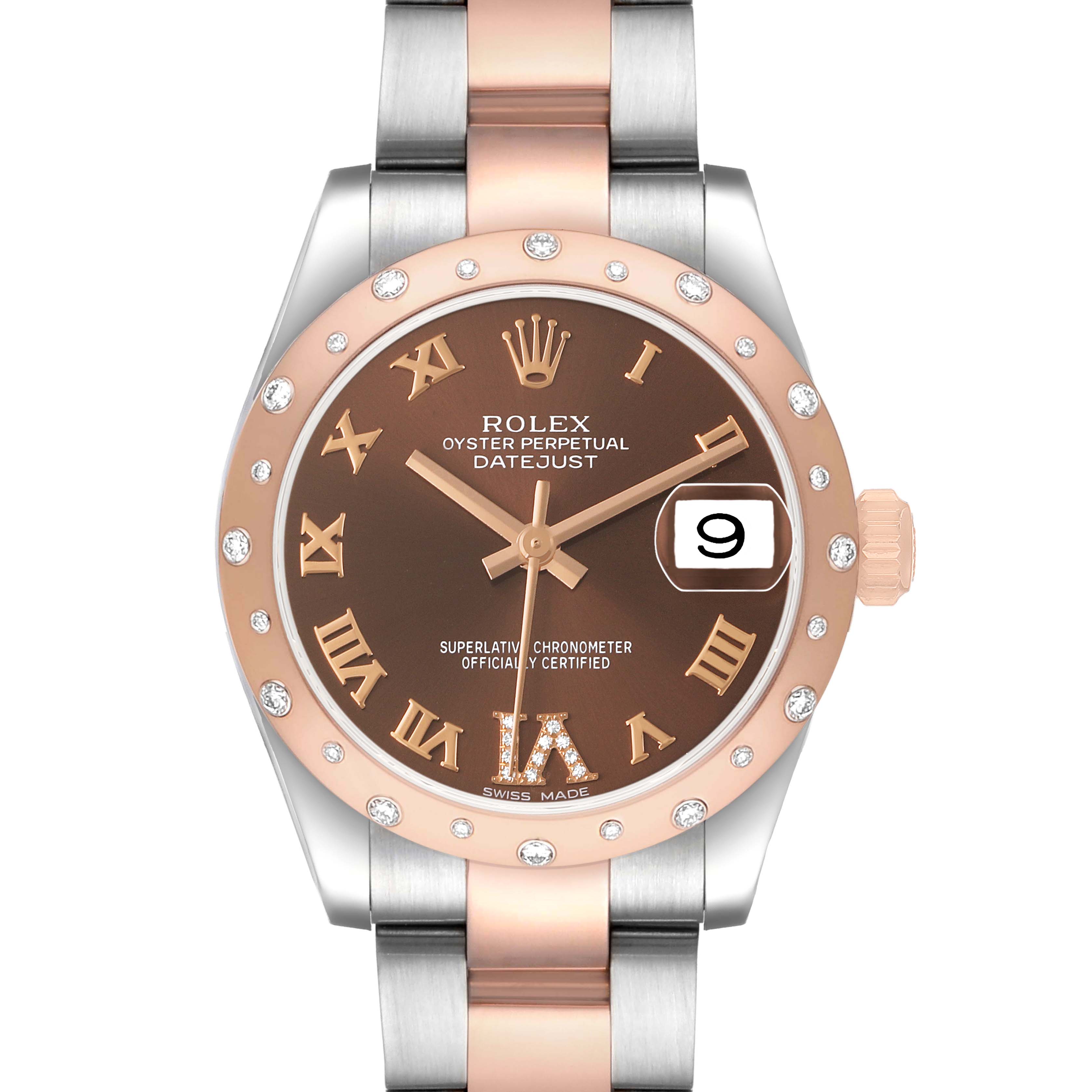 The Rolex Datejust 178341 Women's Steel and Gold (two tone) Brown Dial is shown from the front, highlighting the brown dial, diamond bezel, and two-tone bracelet.