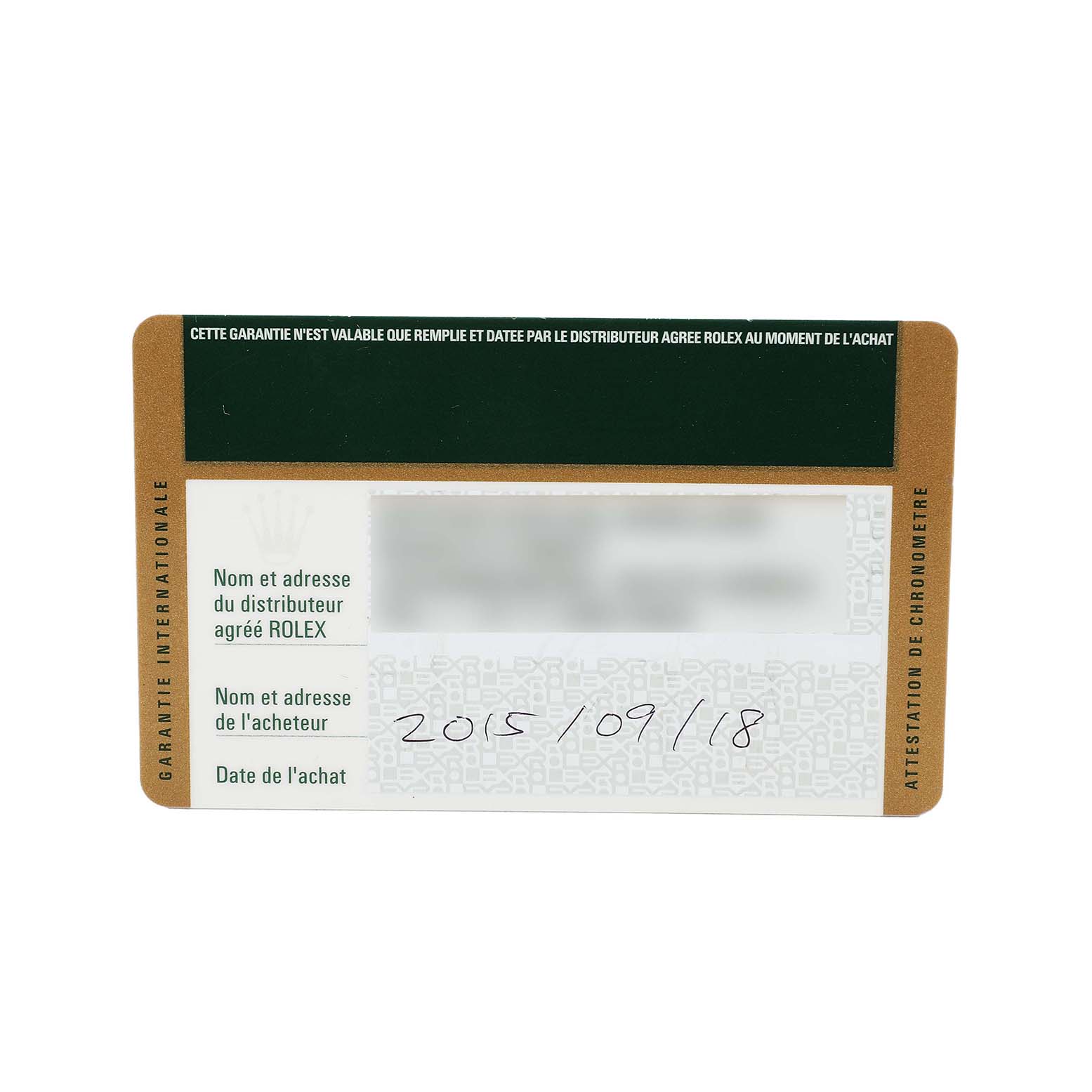 The image shows a warranty card for a Rolex Datejust 178341 Women's Steel and Gold (two tone) Brown Dial watch, featuring text fields for distributor and purchaser information.