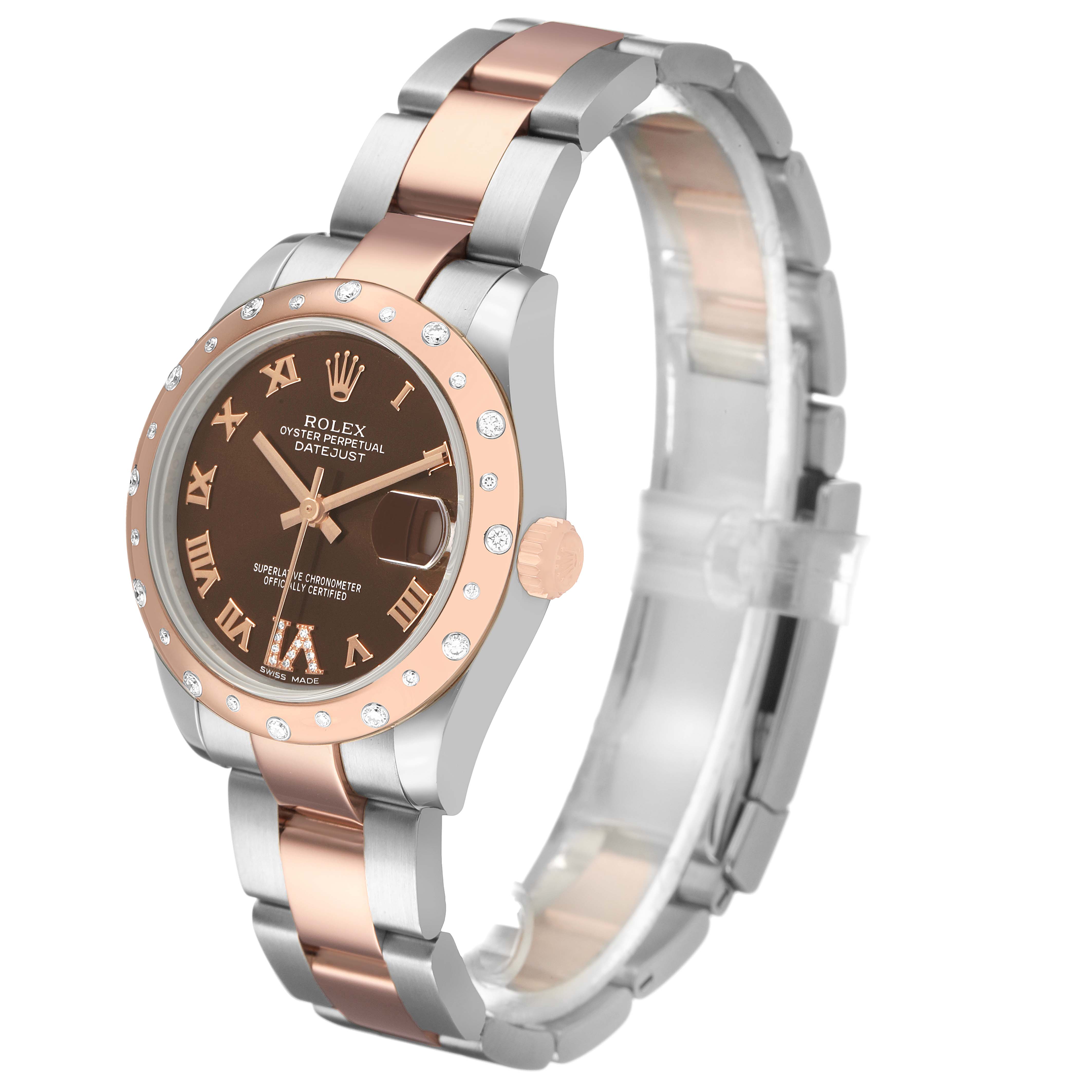 The Rolex Datejust 178341 Women's Steel and Gold (two tone) Brown Dial watch is angled to show the face, bezel, and band, featuring a two-tone design with diamond accents.