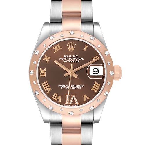 The Rolex Datejust 178341 Women's Steel and Gold (two tone) Brown Dial watch is shown from a front angle, displaying the bezel, dial, and bracelet clearly.