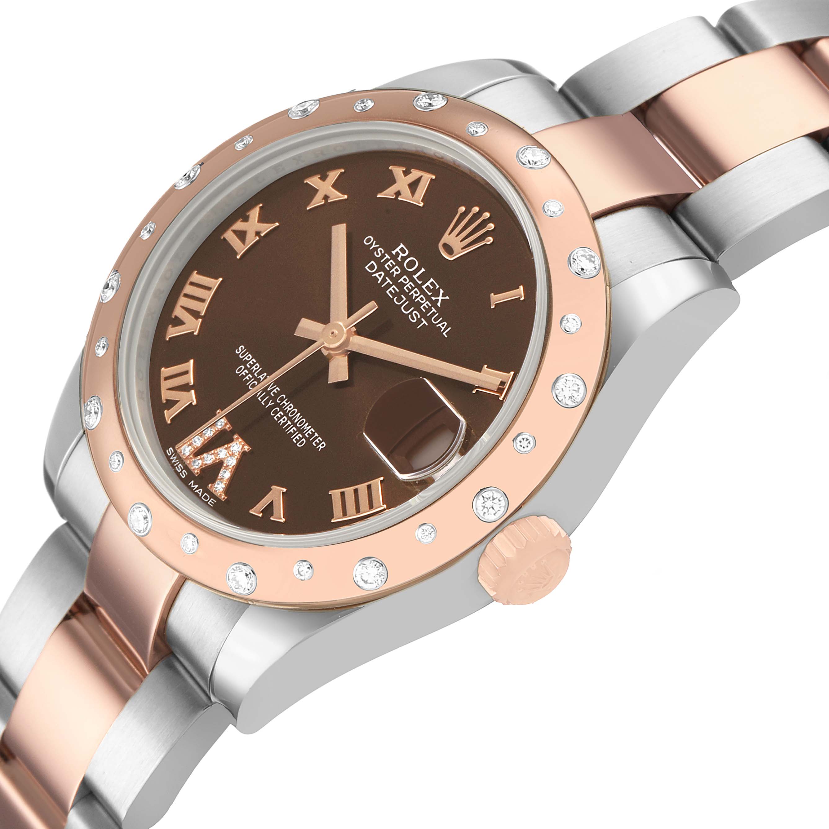 The Rolex Datejust 178341 Women's Steel and Gold (two tone) Brown Dial watch is shown at an angle emphasizing the brown dial, diamond bezel, and two-tone bracelet.