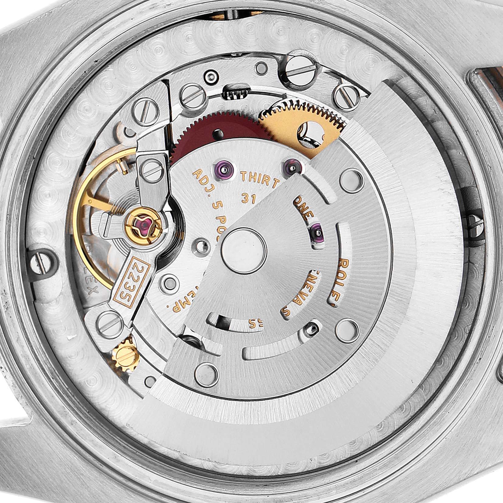 The image shows the movement mechanism of a Rolex Datejust 178341 Women's Steel and Gold (two tone) Brown Dial watch, viewed from the back.