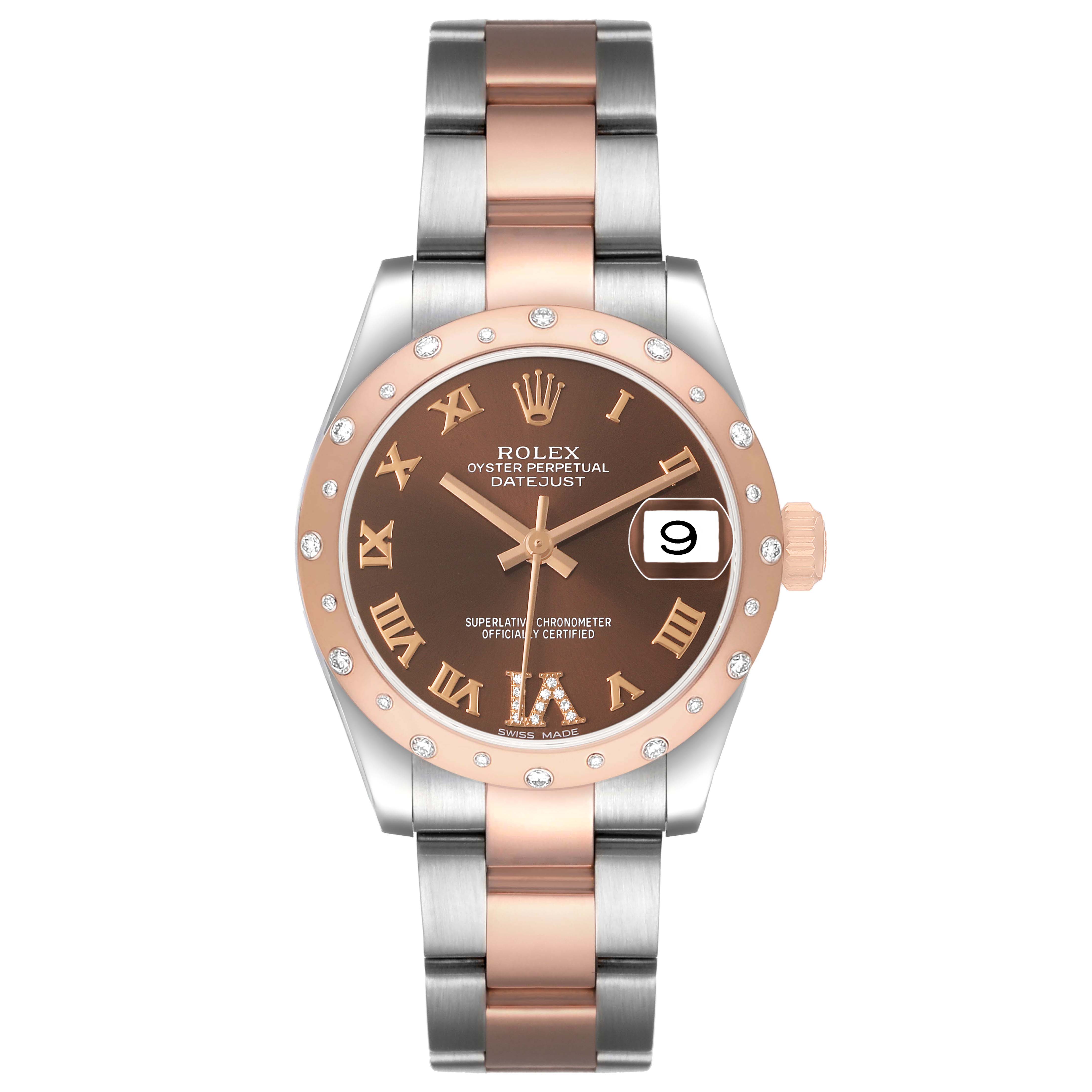 The Rolex Datejust 178341 Women's Steel and Gold (two tone) Brown Dial watch is shown from a top view, featuring a two-tone bracelet, diamond-set bezel, and brown dial with date display.