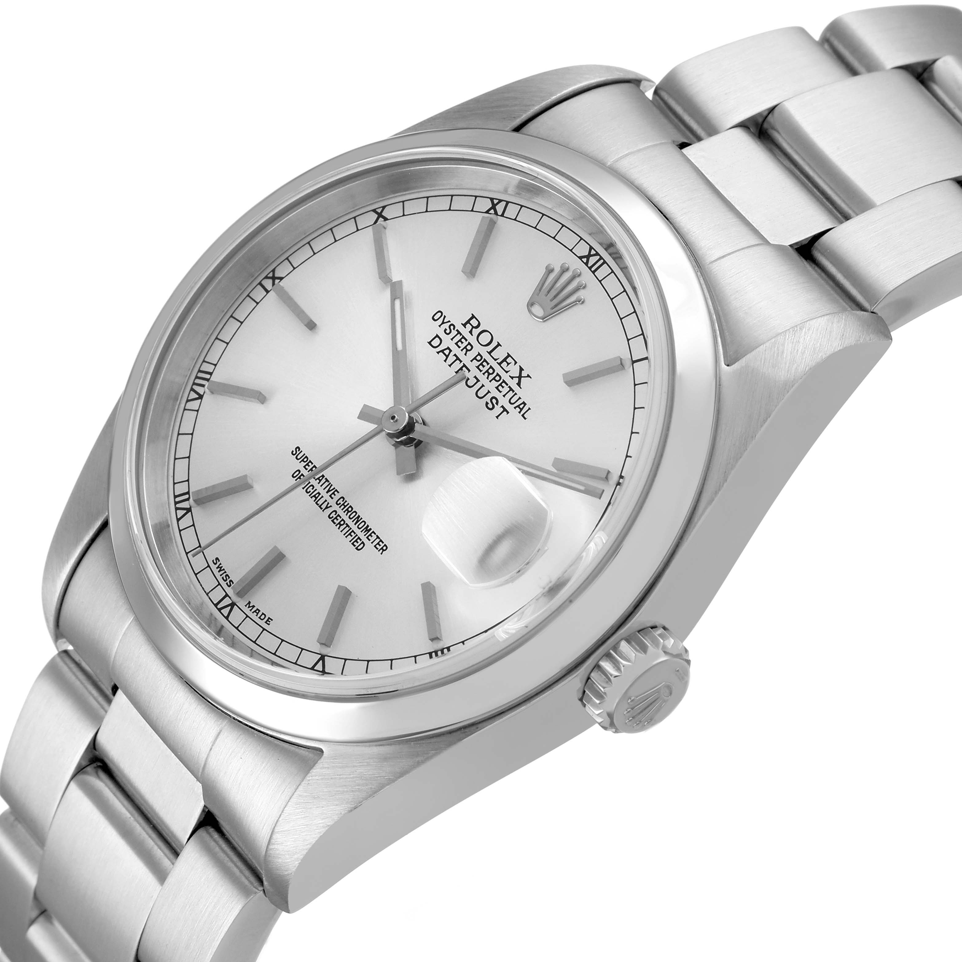 The Rolex Datejust 16200 Men's Stainless Steel Silver Dial watch is shown at a slight angle, displaying its dial, bezel, crown, and part of the bracelet.