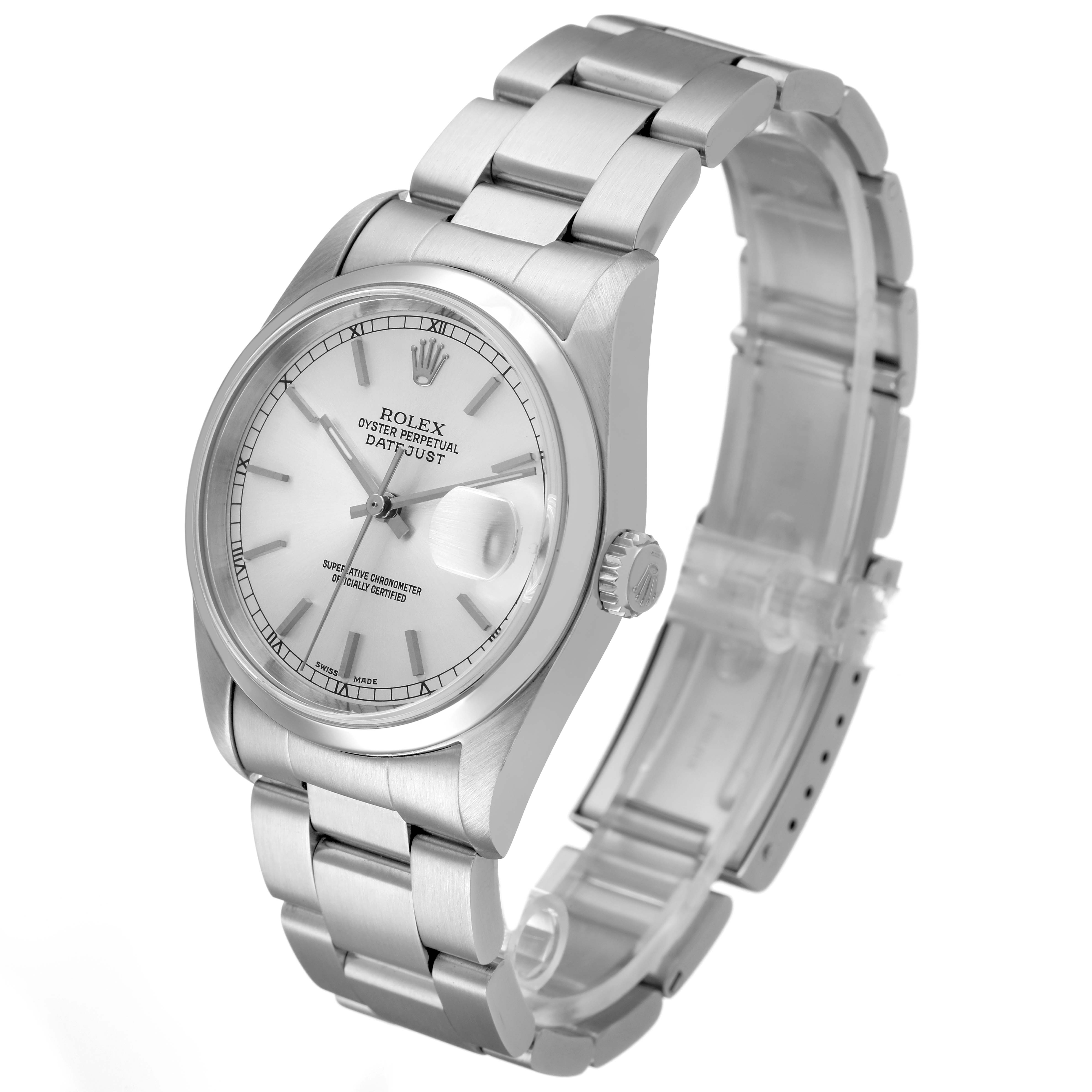 The Rolex Datejust 16200 Men's Stainless Steel Silver Dial watch is angled to show the face, bezel, crown, and part of the bracelet.