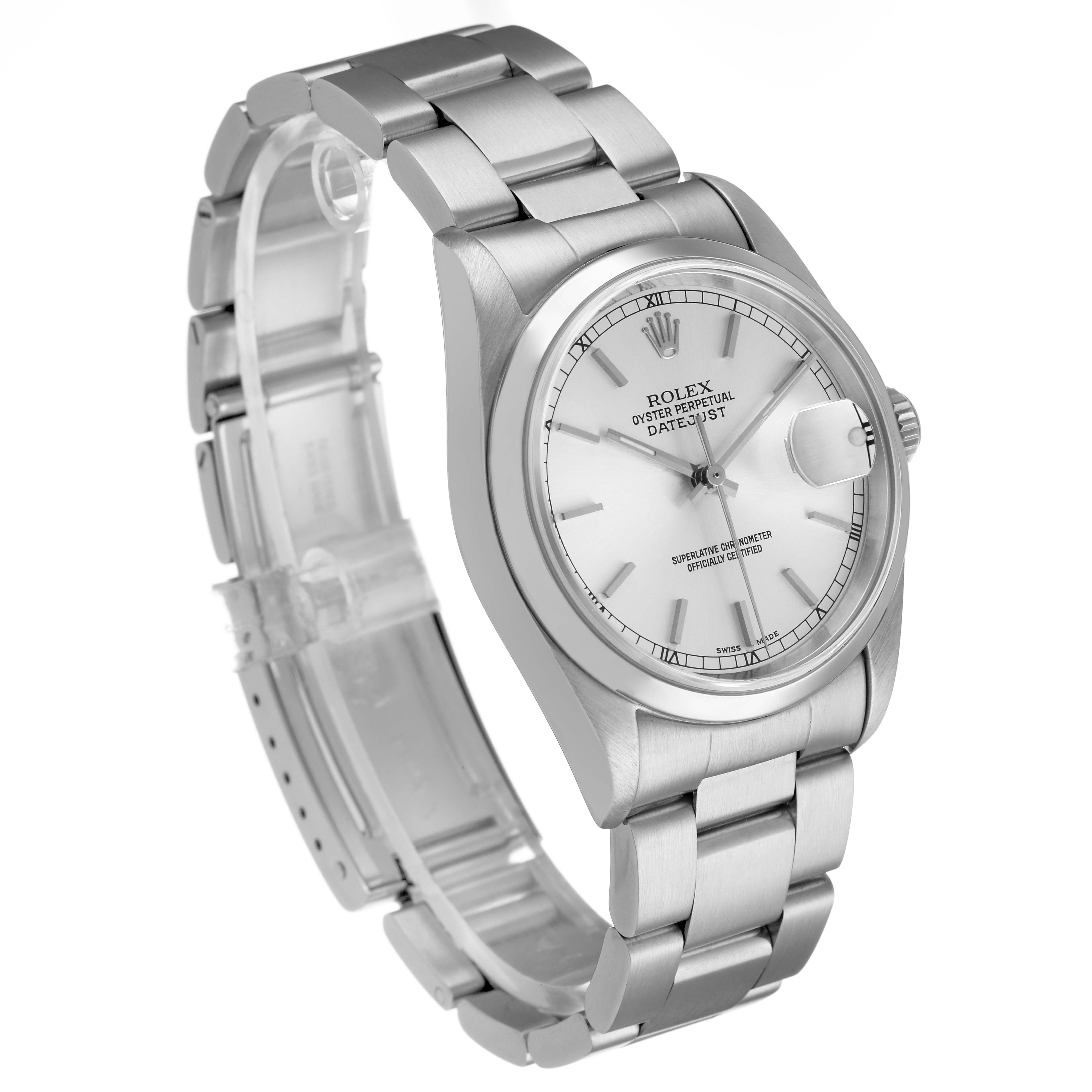 The Rolex Datejust 16200 Men's Stainless Steel Silver Dial watch is shown at a three-quarter angle displaying the face, bezel, bracelet, and crown.