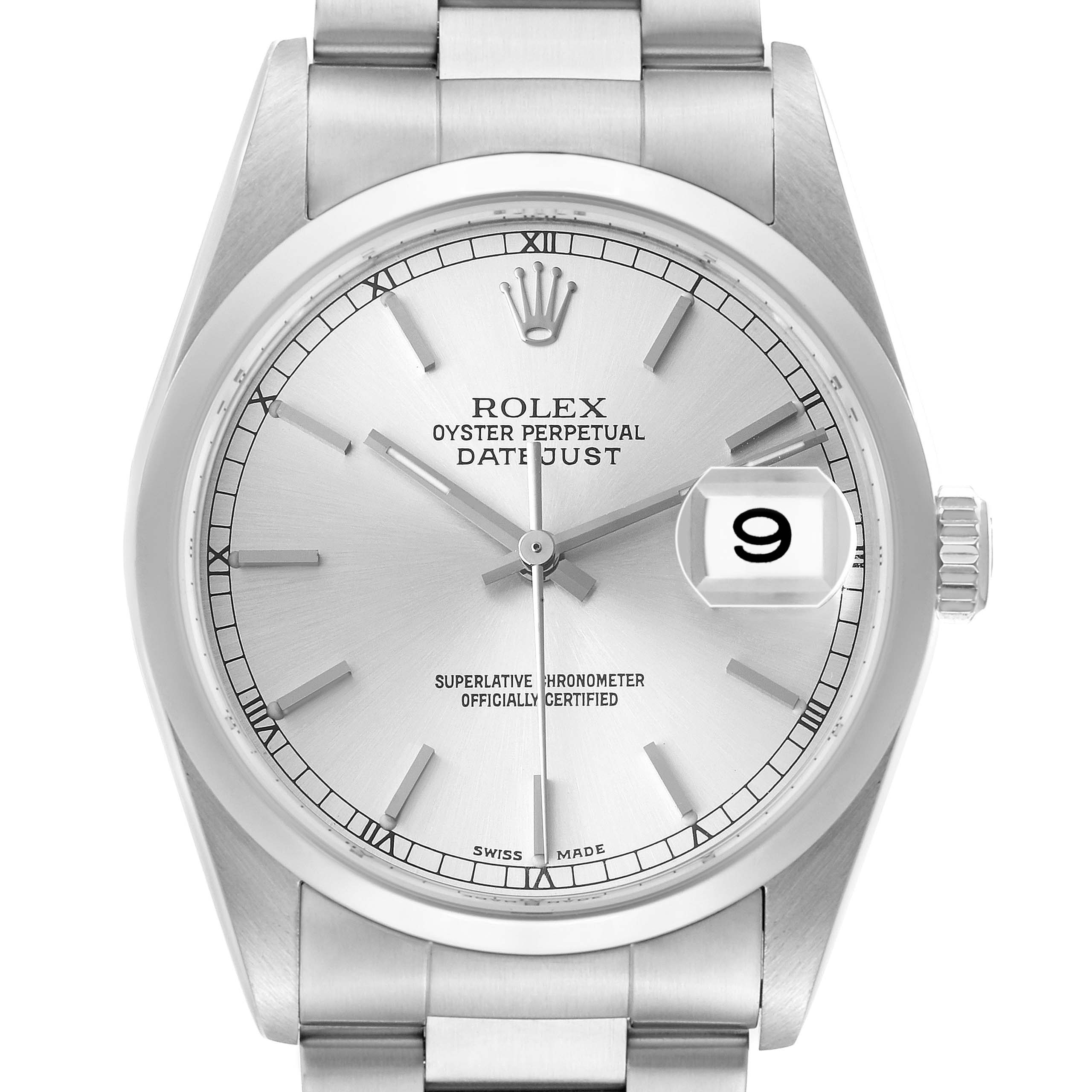 The Rolex Datejust 16200 Men's Stainless Steel Silver Dial watch is shown from the front, displaying the dial, bezel, date magnifier, and part of the bracelet.