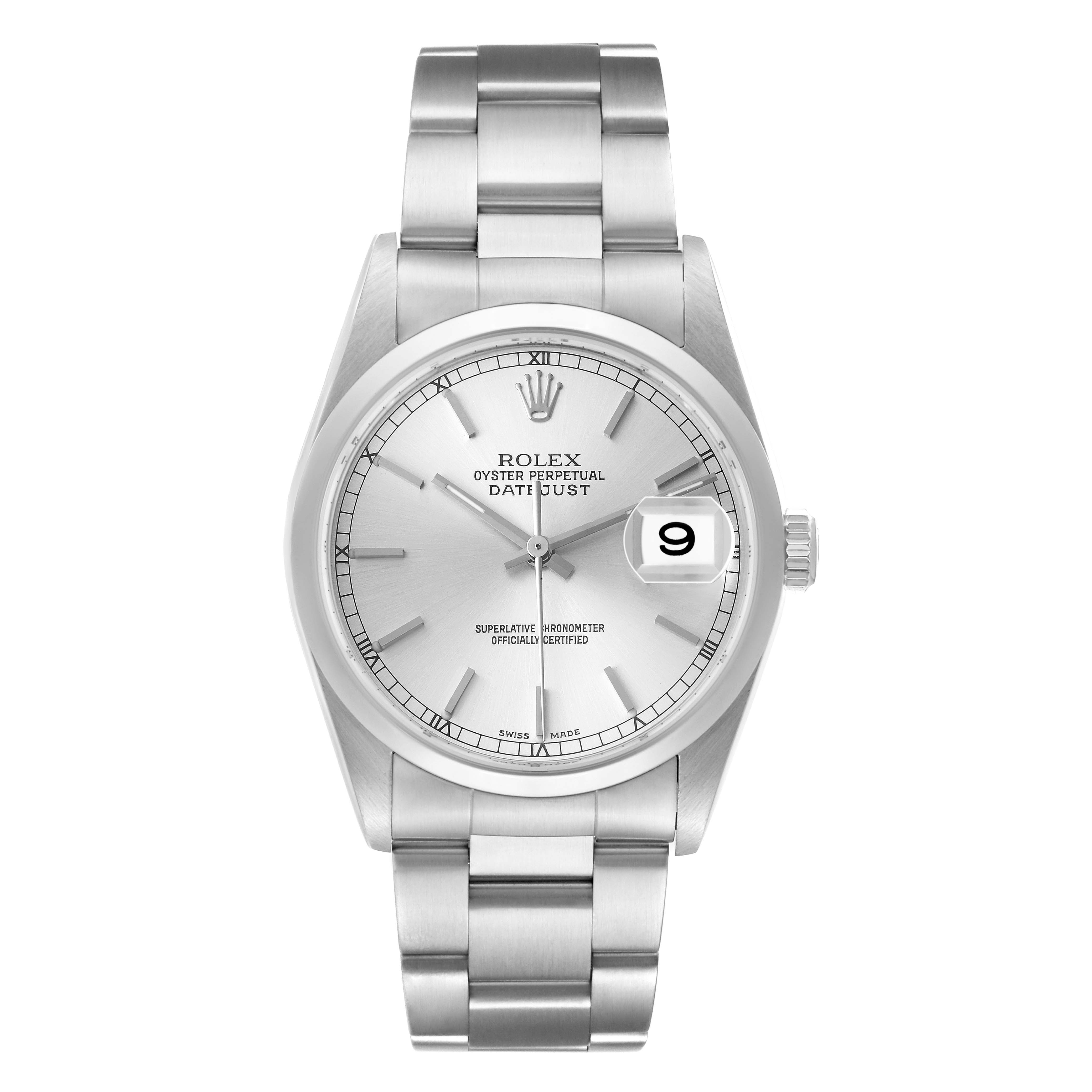The Rolex Datejust 16200 Men's Stainless Steel Silver Dial watch is shown from a top-down angle, highlighting the dial, bezel, bracelet, and crown.