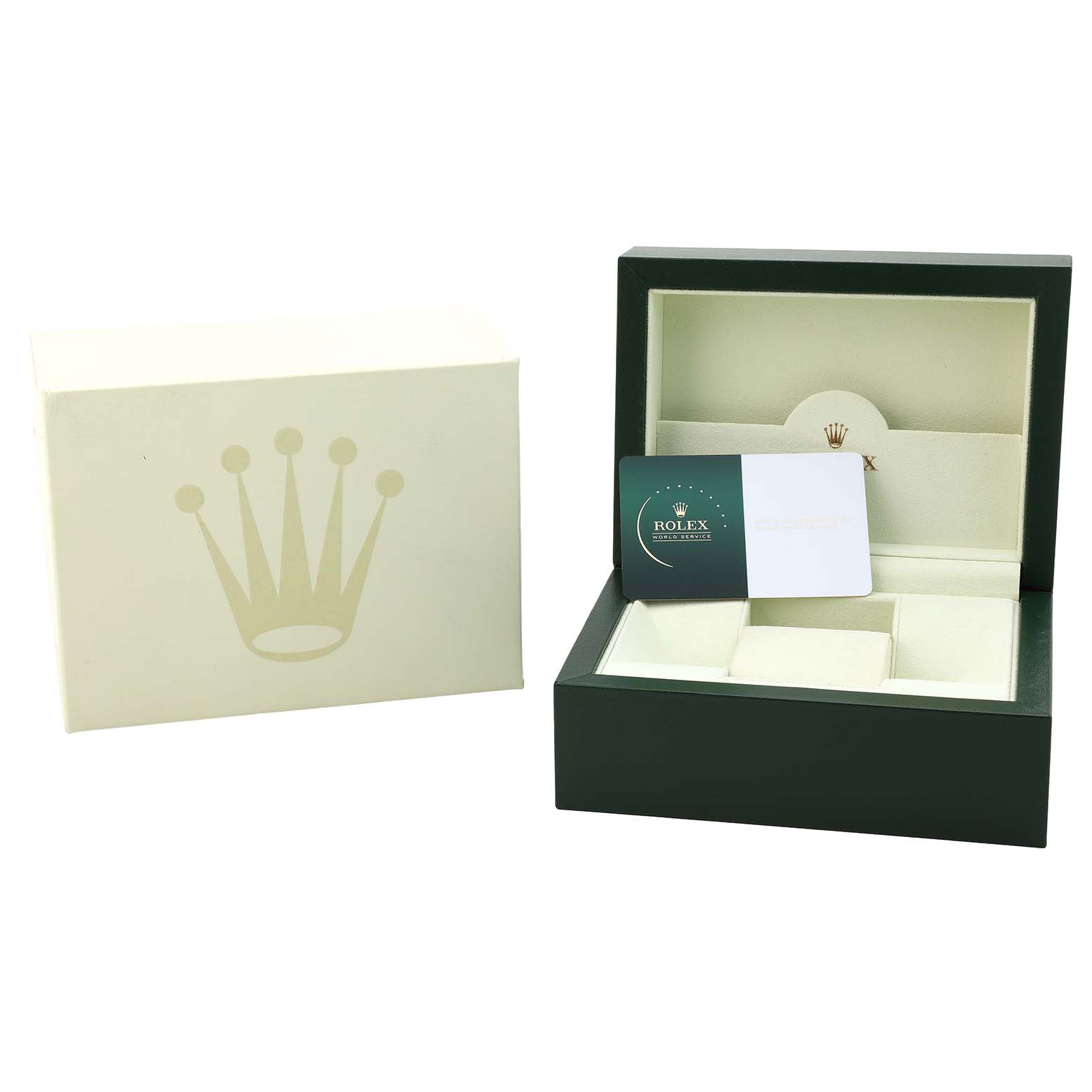 The image shows an open Rolex Datejust 16200 Men's Stainless Steel Silver Dial watch box and outer box, including a warranty card.