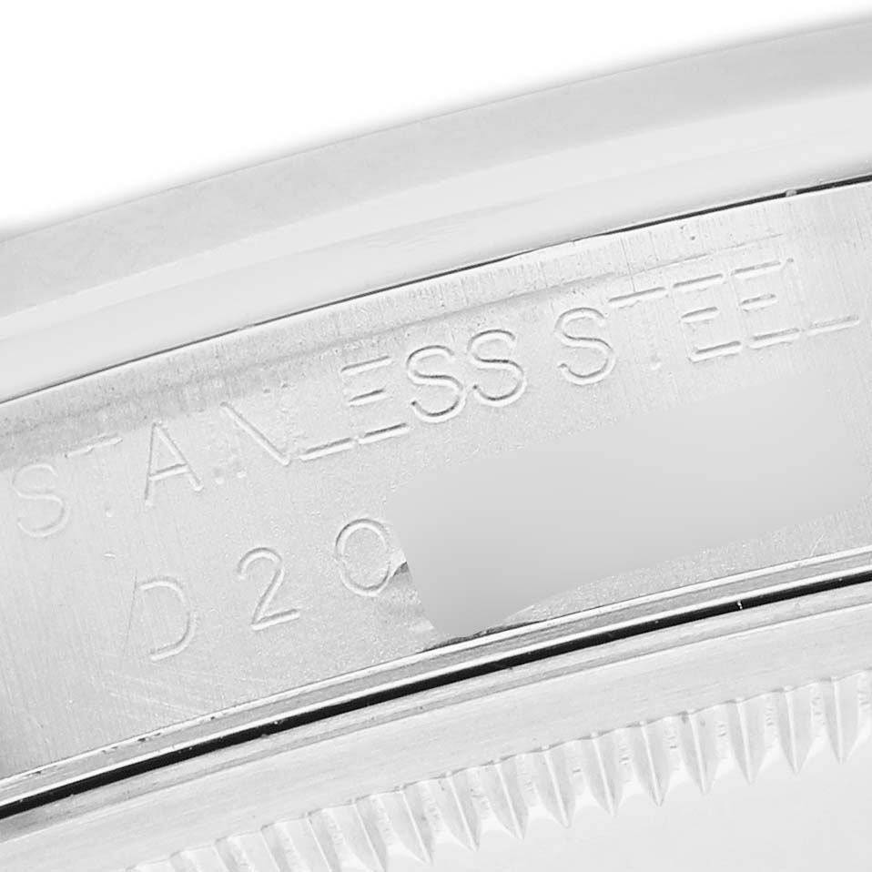 The image shows a close-up of the side of the stainless steel casing near the bezel of the Rolex Datejust 16200 Men's Stainless Steel Silver Dial.