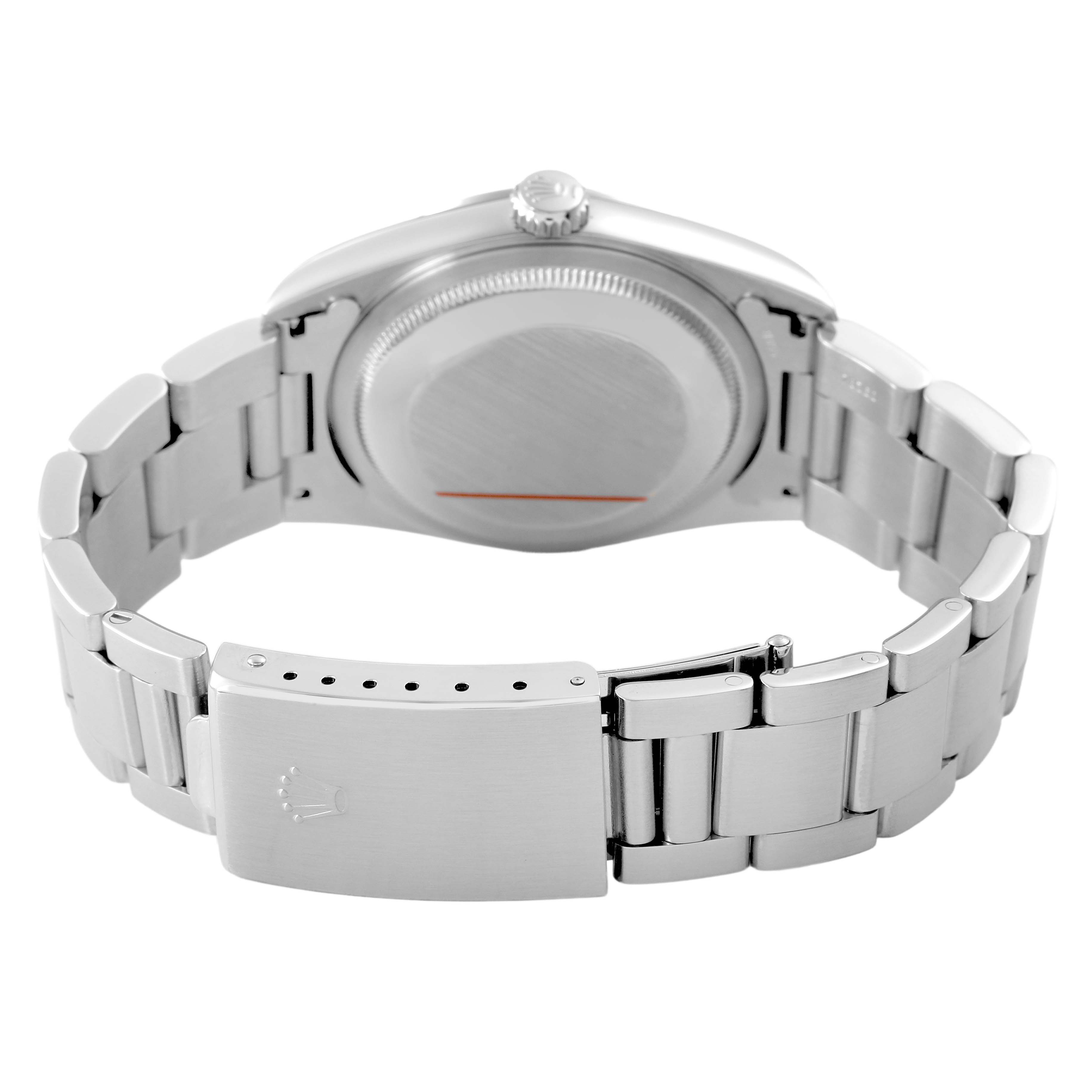 The image shows the back of the Rolex Datejust 16200 Men's Stainless Steel Silver Dial watch, highlighting the clasp and bracelet links.