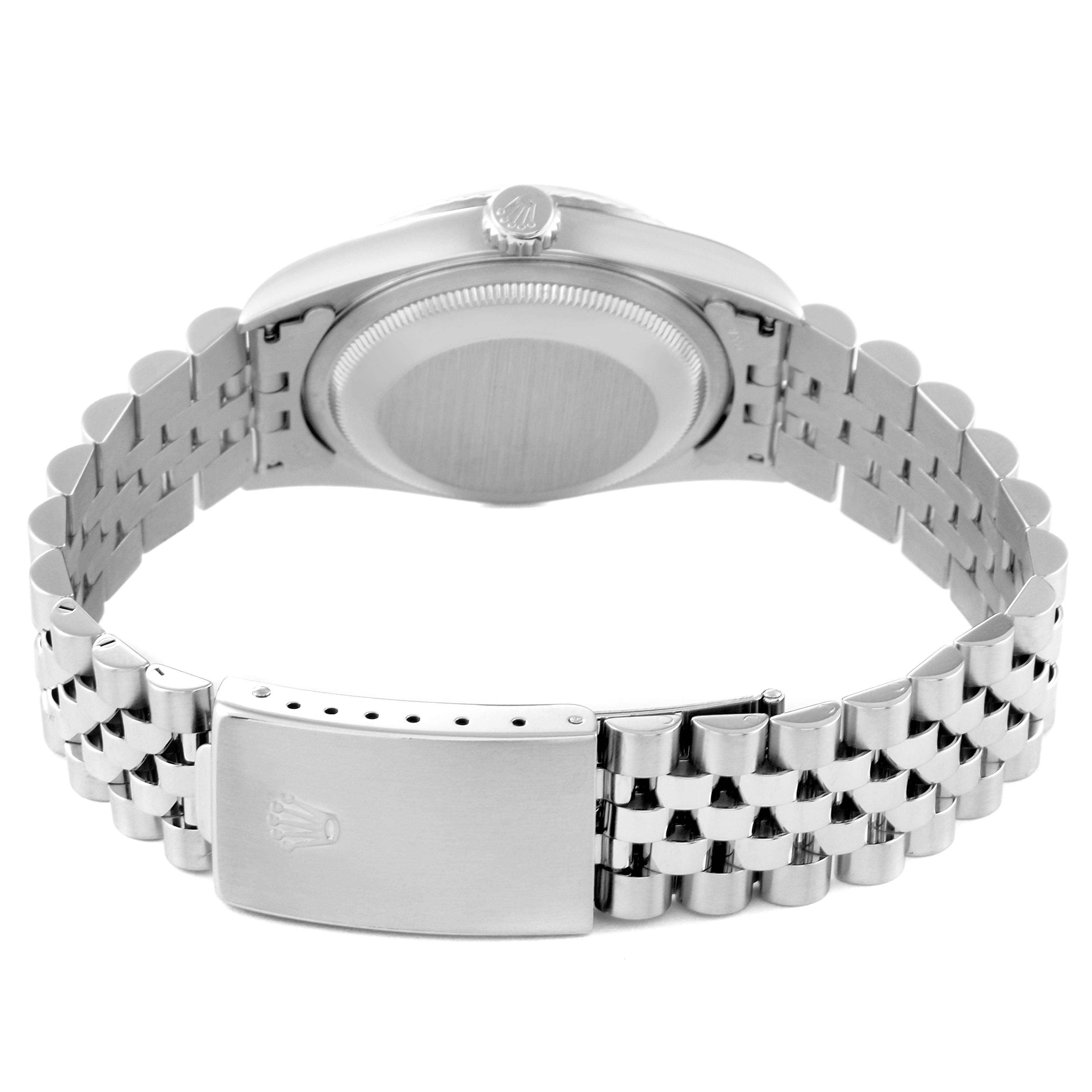 The image shows the back view of a Rolex Datejust 16234 Men's Stainless Steel Silver Dial 16234 Men's Stainless Steel Silver Dial watch, highlighting its case back and Jubilee bracelet with the clasp.