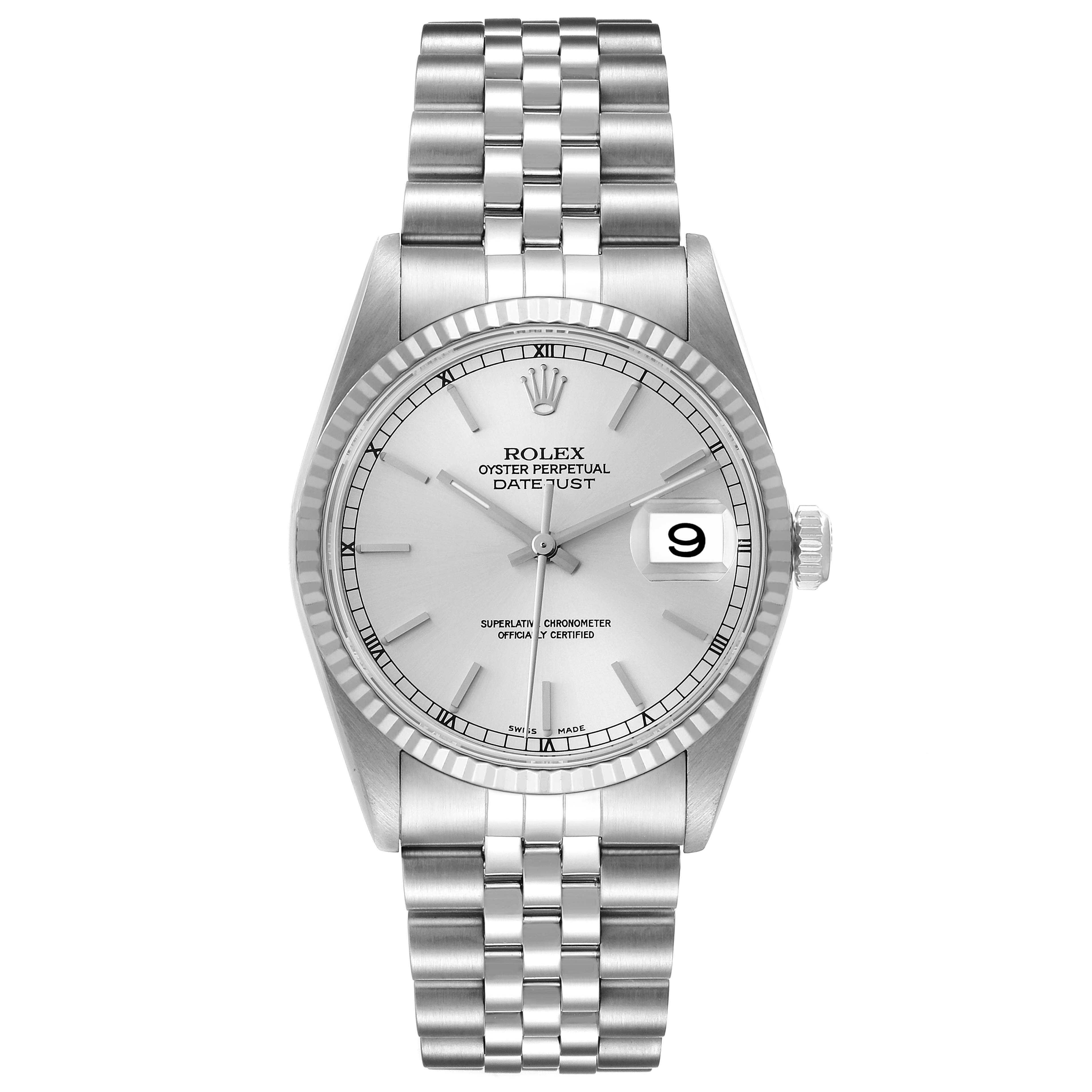 The image shows a front view of a Rolex Datejust 16234 Men's Stainless Steel Silver Dial 16234 Men's Stainless Steel Silver Dial model watch, highlighting its dial, bracelet, and fluted bezel.