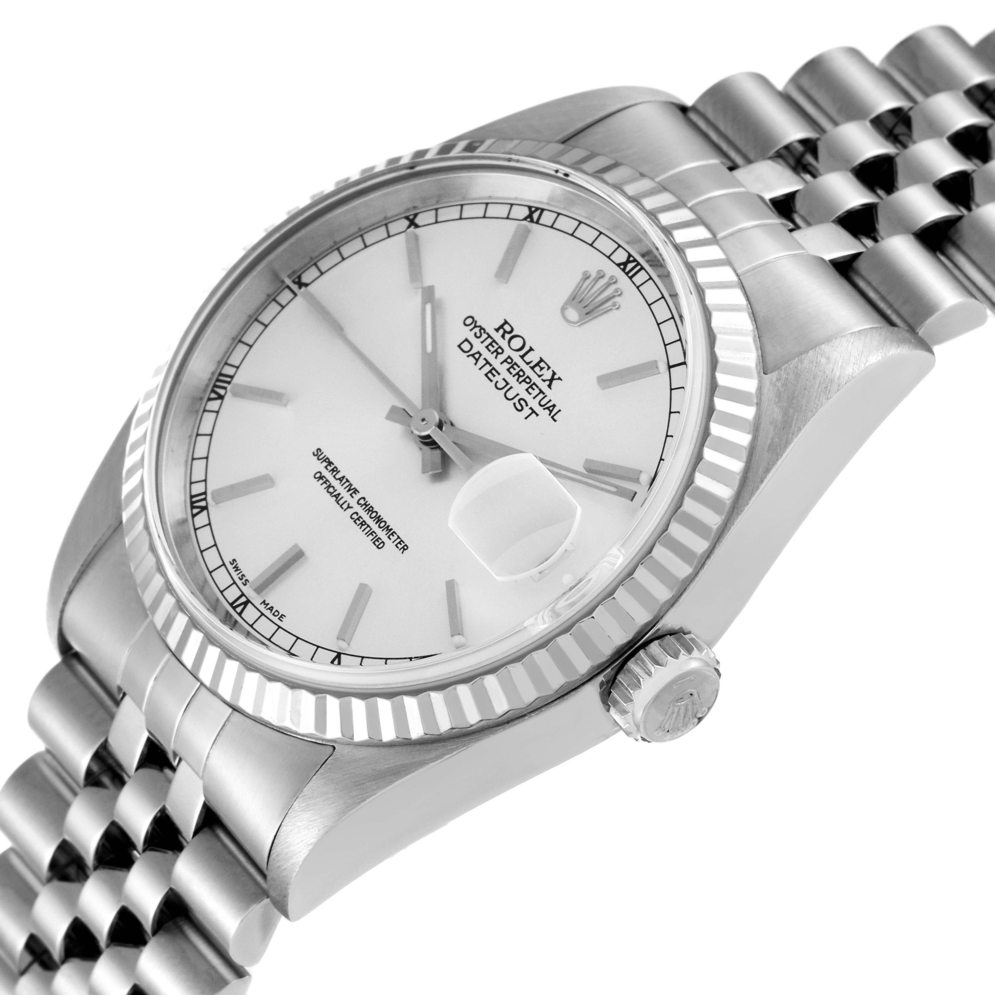 This image shows a close-up angle of the Rolex Datejust 16234 Men's Stainless Steel Silver Dial 16234 Men's Stainless Steel Silver Dial watch, highlighting its face, bezel, crown, and part of the bracelet.