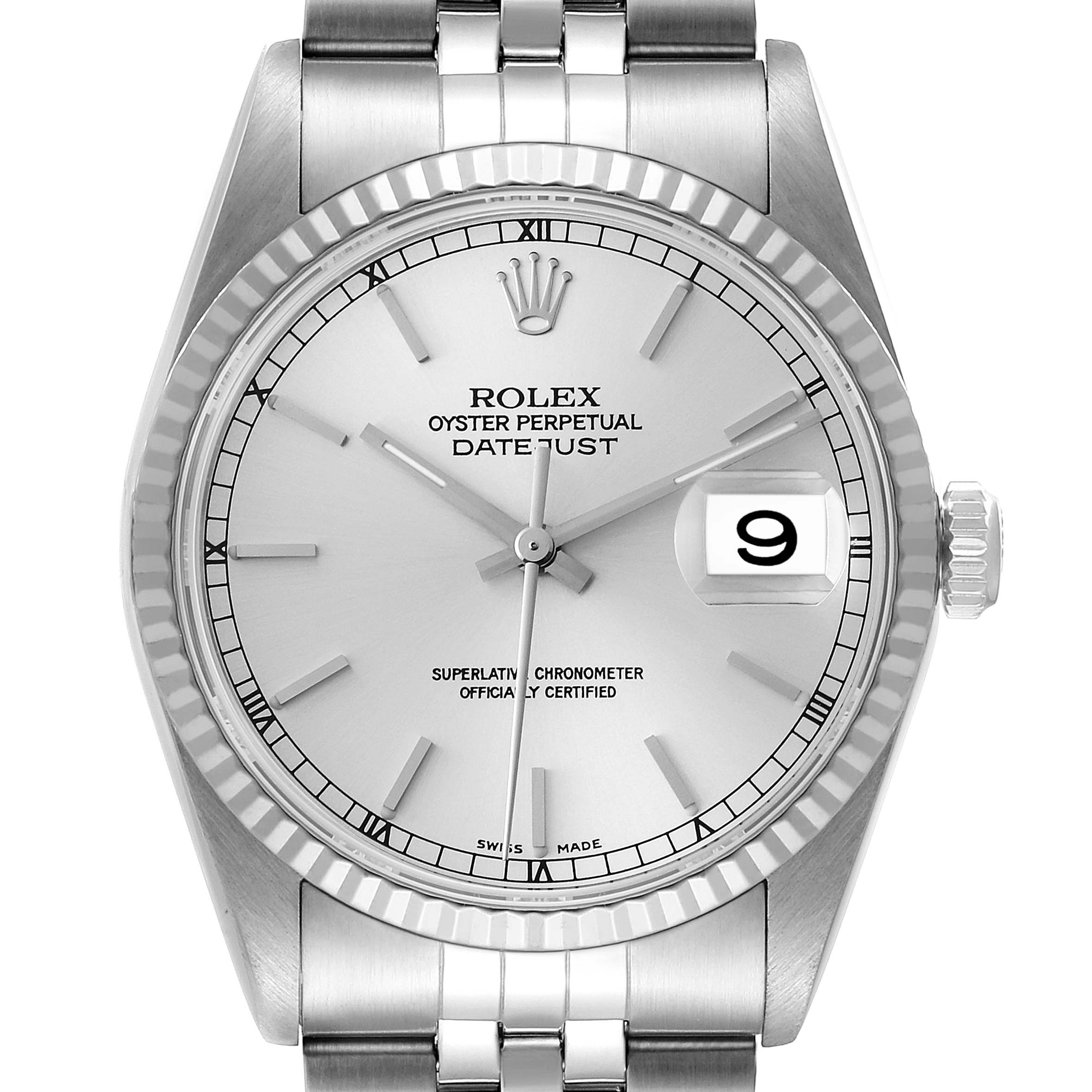 The image shows a front view of a Rolex Datejust 16234 Men's Stainless Steel Silver Dial 16234 Men's Stainless Steel Silver Dial watch, displaying the dial, hands, date window, bezel, and part of the bracelet.