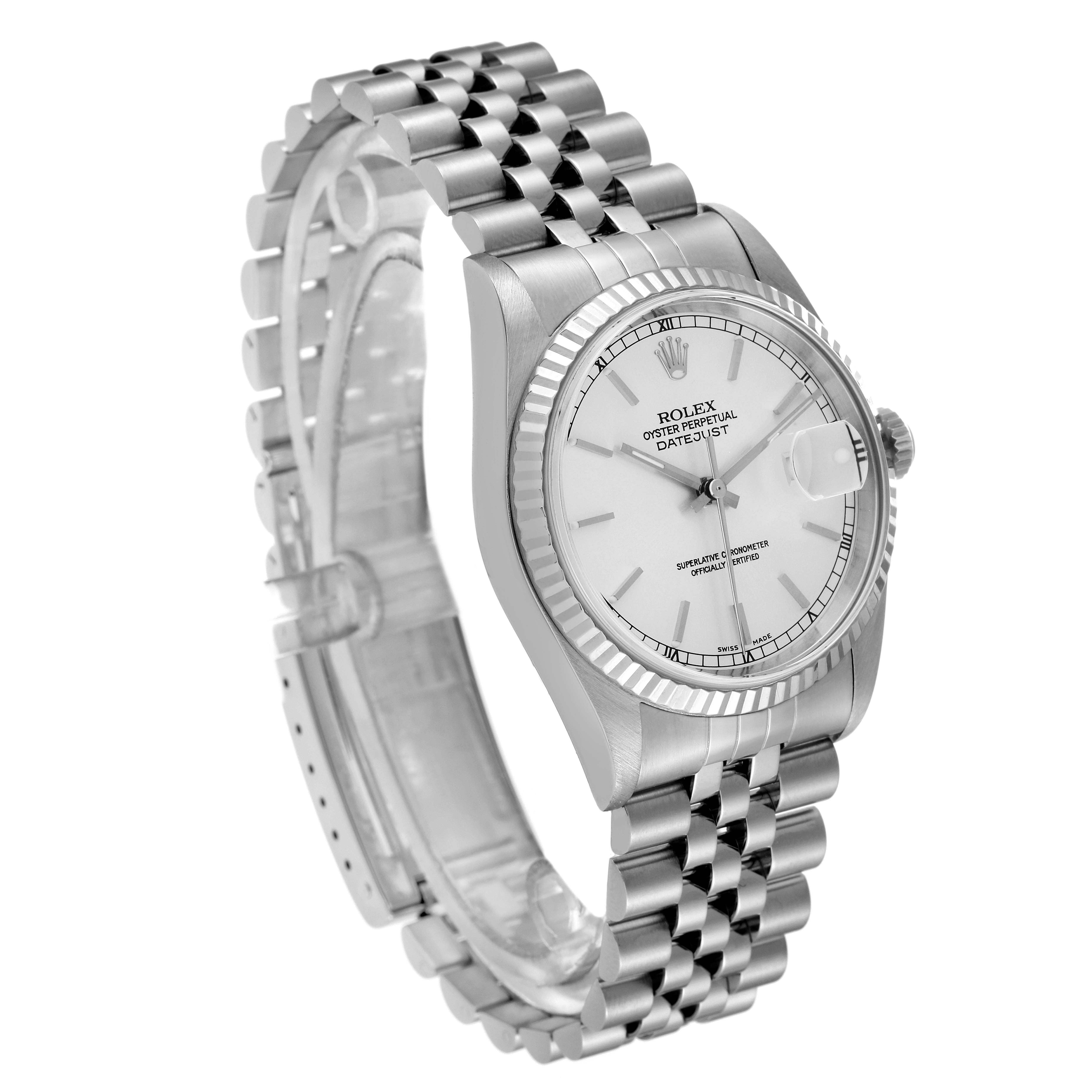 This Rolex Datejust 16234 Men's Stainless Steel Silver Dial 16234 Men's Stainless Steel Silver Dial model is shown at a three-quarter angle, highlighting the face, bezel, and Jubilee bracelet.