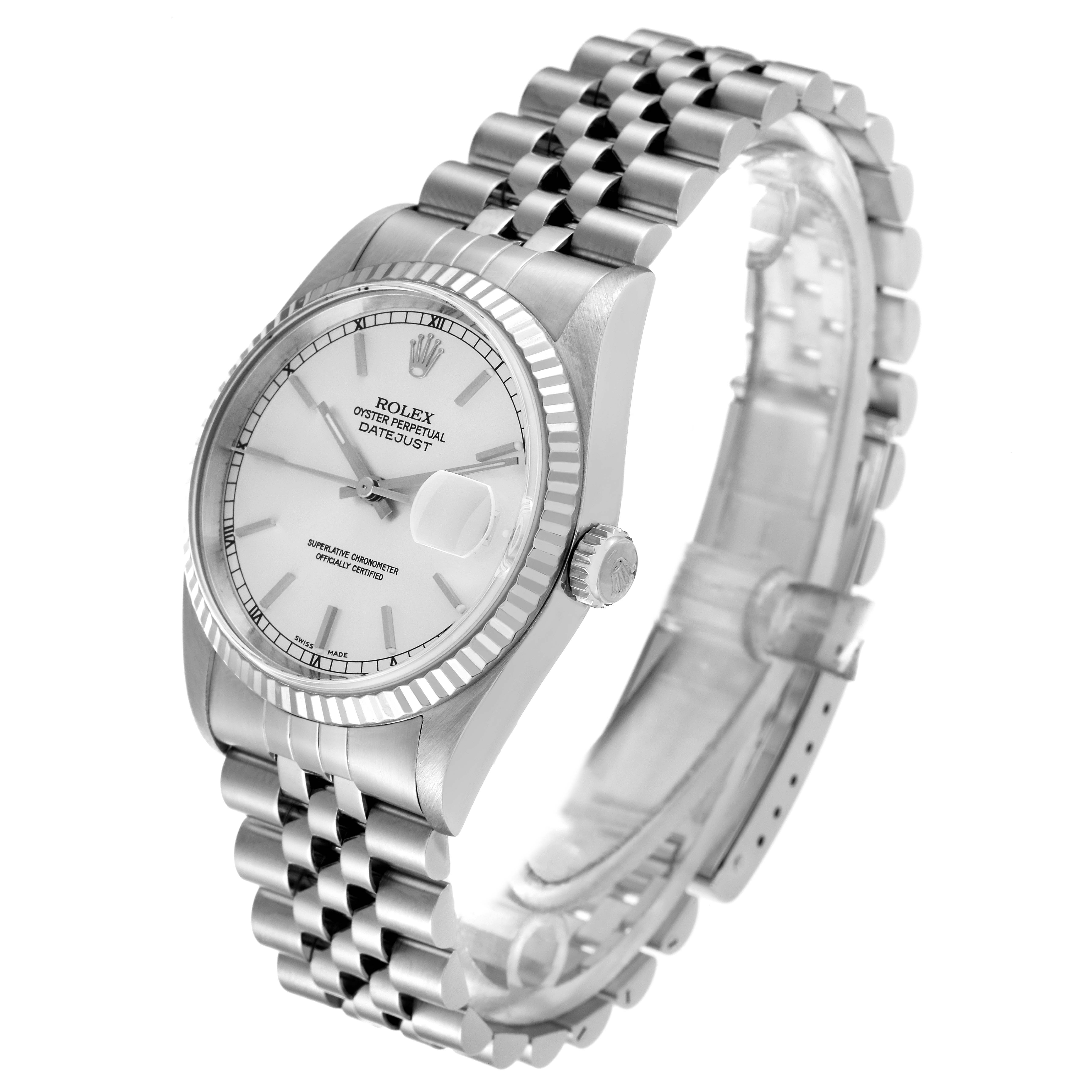 The Rolex Datejust 16234 Men's Stainless Steel Silver Dial 16234 Men's Stainless Steel Silver Dial watch is shown at an angled side view, highlighting the watch face, crown, and Jubilee bracelet.