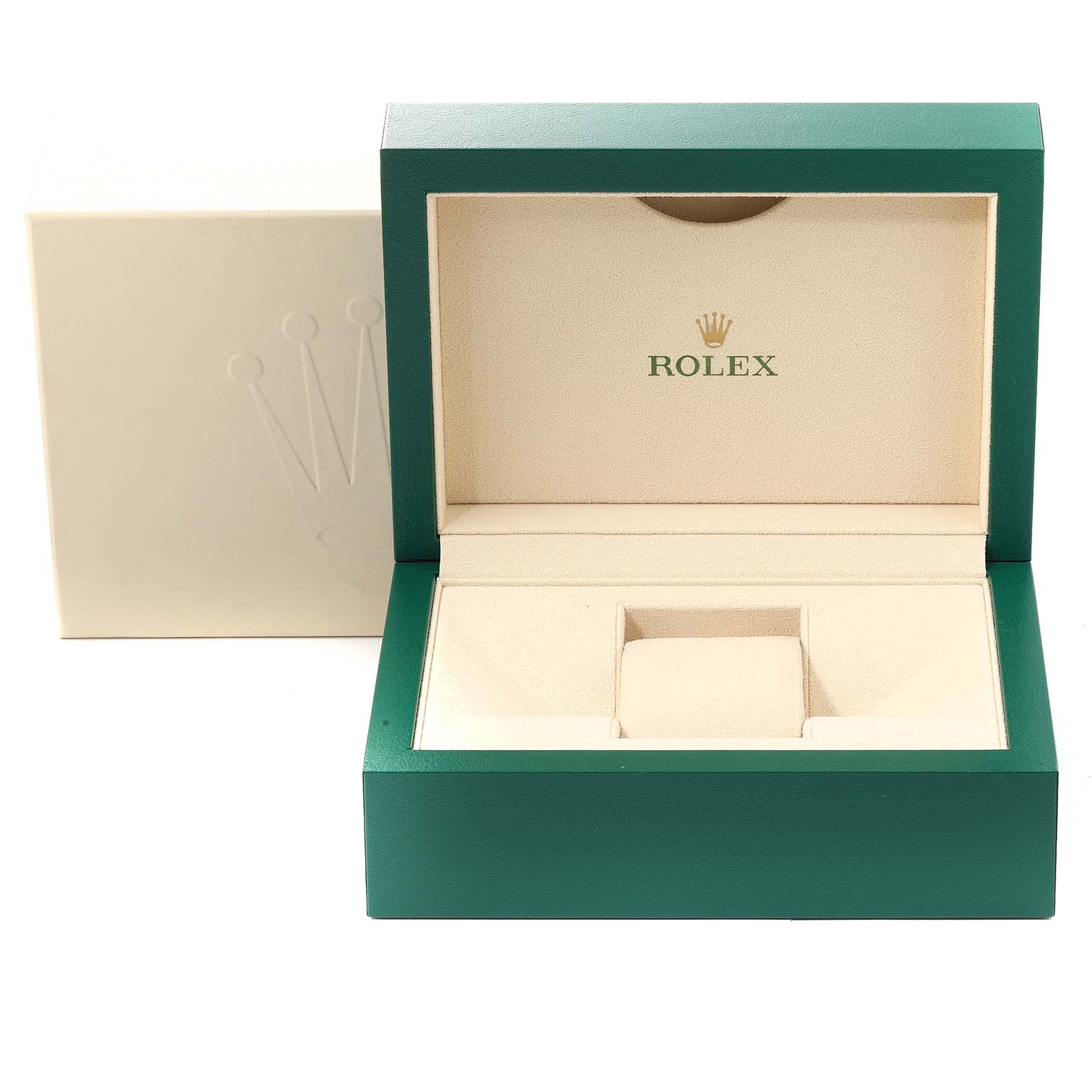 This image shows an open, green and beige Rolex Datejust 126231 Men's Steel and Gold (two tone) Grey Dial 126231 Men's Steel and Gold (two tone) Grey Dial watch box with the logo and cushion displayed.