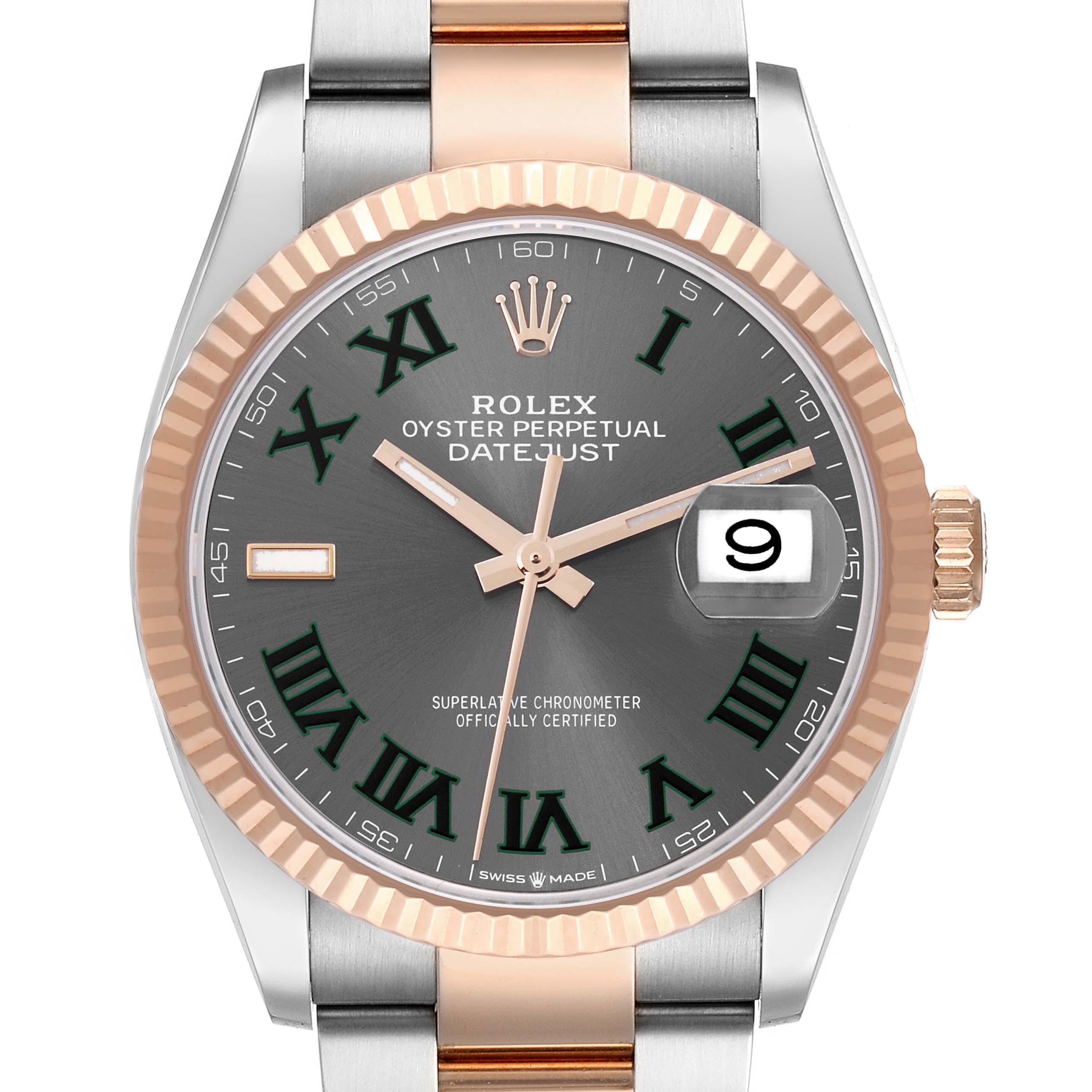 This image shows the face, bezel, and part of the bracelet of the Rolex Datejust 126231 Men's Steel and Gold (two tone) Grey Dial 126231 Men's Steel and Gold (two tone) Grey Dial watch.