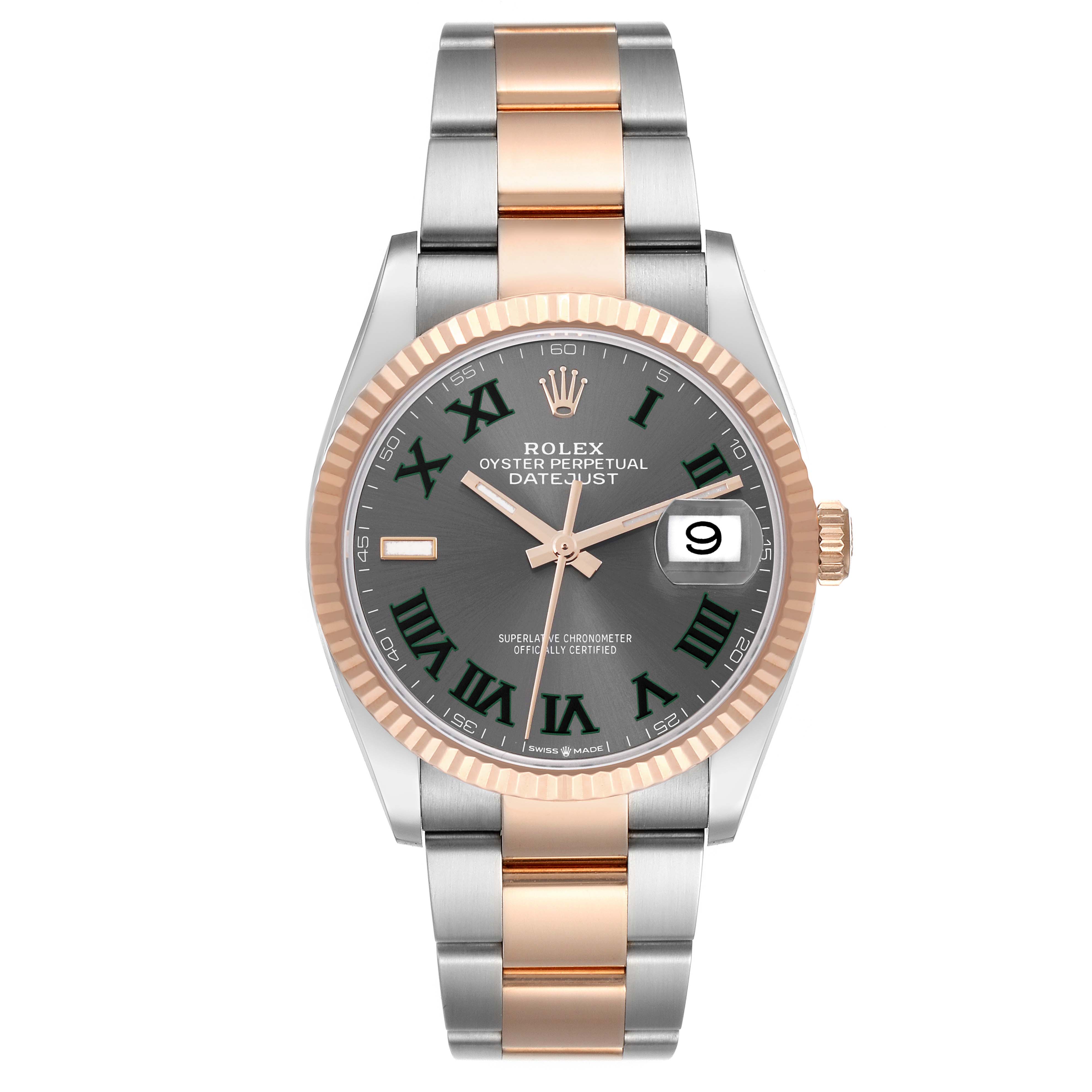 The Rolex Datejust 126231 Men's Steel and Gold (two tone) Grey Dial 126231 Men's Steel and Gold (two tone) Grey Dial watch is shown from a straight-on angle, displaying the face, bezel, and bracelet clearly.