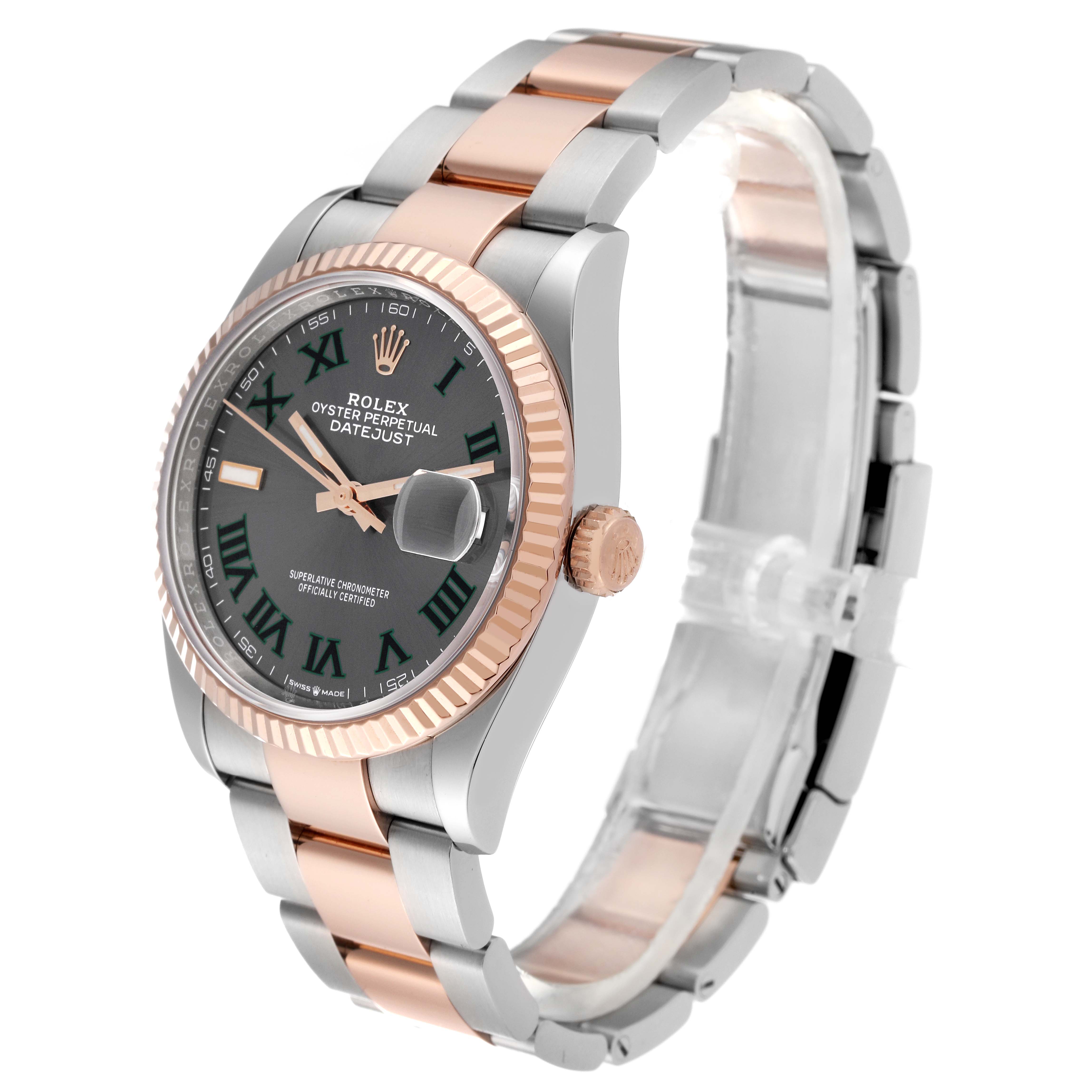 The image shows a stainless steel and rose gold Rolex Datejust 126231 Men's Steel and Gold (two tone) Grey Dial 126231 Men's Steel and Gold (two tone) Grey Dial watch at a slightly angled view, highlighting the dial, bezel, and bracelet.