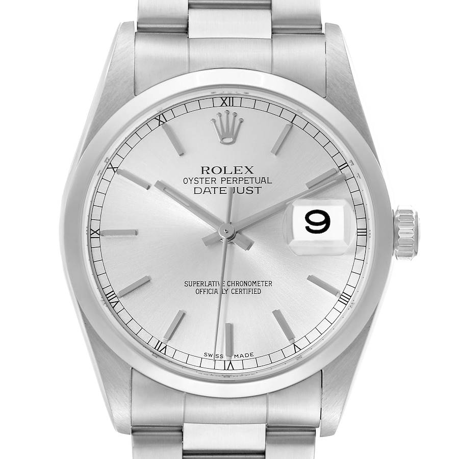 Rolex Datejust 36mm Silver Dial Smooth Bezel Steel Mens Watch 16200 Box Papers SwissWatchExpo