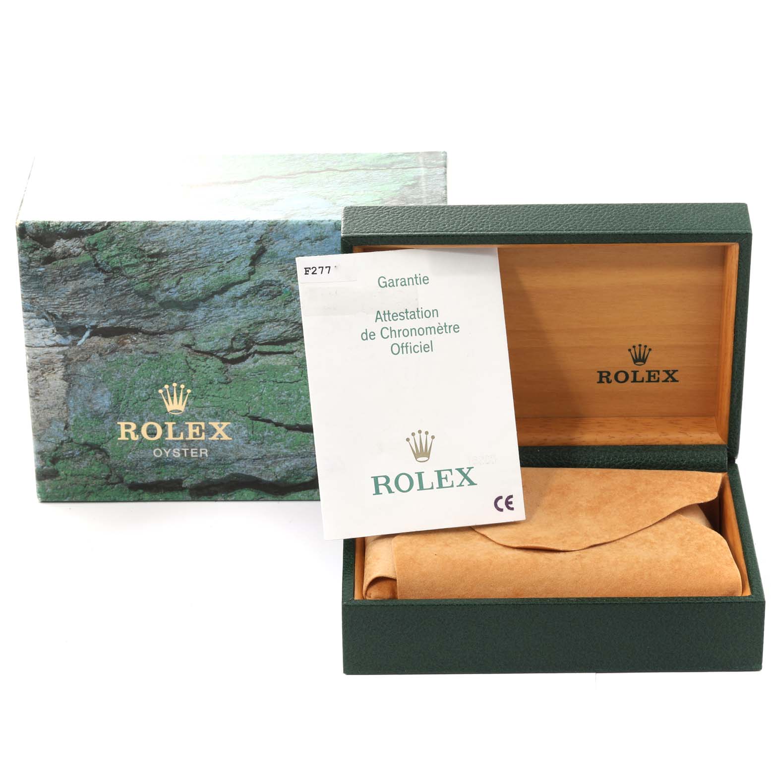 This image shows the packaging and warranty of a Rolex Datejust 16200 Men's Stainless Steel Silver Dial 16200 Men's Stainless Steel Silver Dial watch, including the box and certificate.