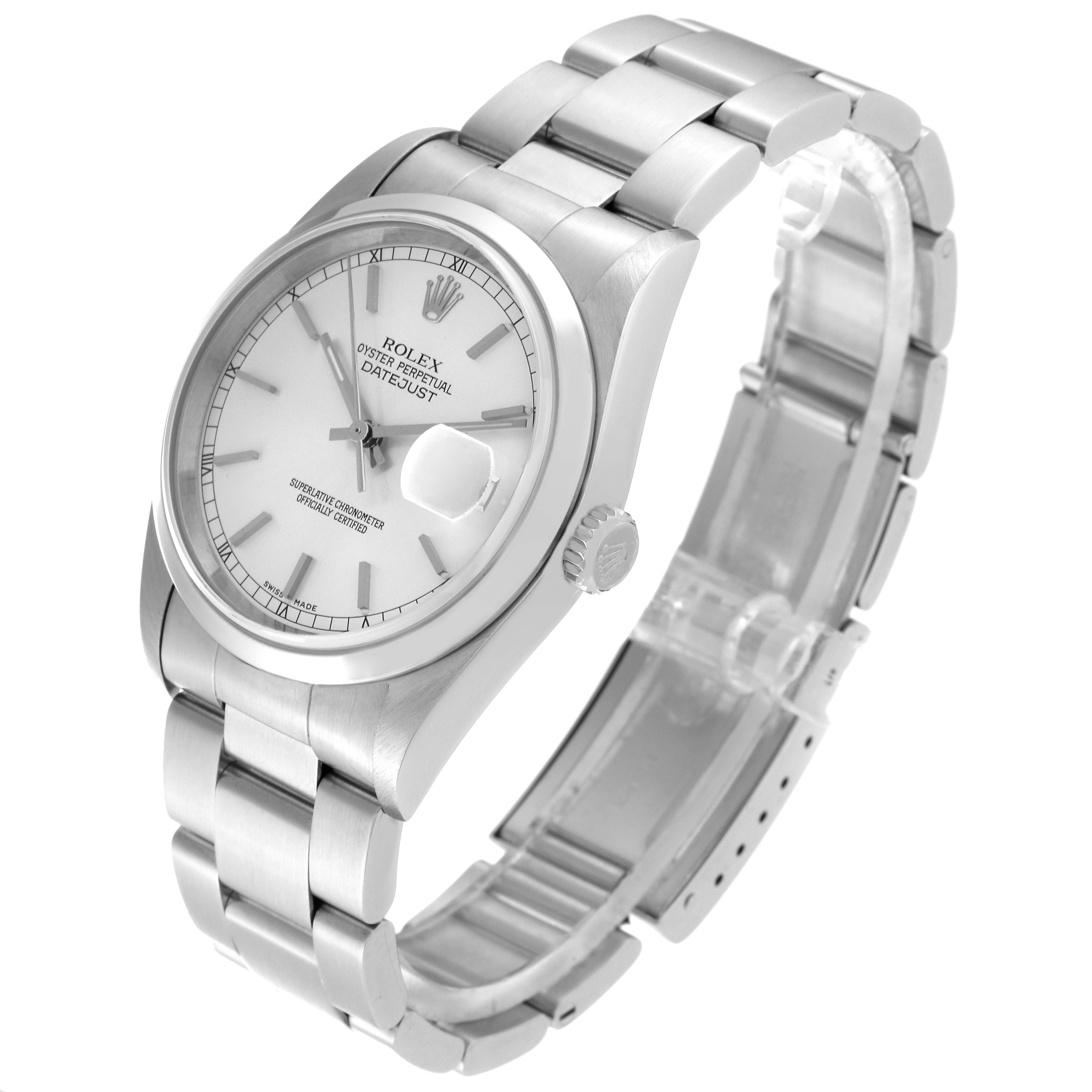 The image shows a side-angle view of a Rolex Datejust 16200 Men's Stainless Steel Silver Dial 16200 Men's Stainless Steel Silver Dial watch, highlighting its silver bracelet, white dial, and date magnification.