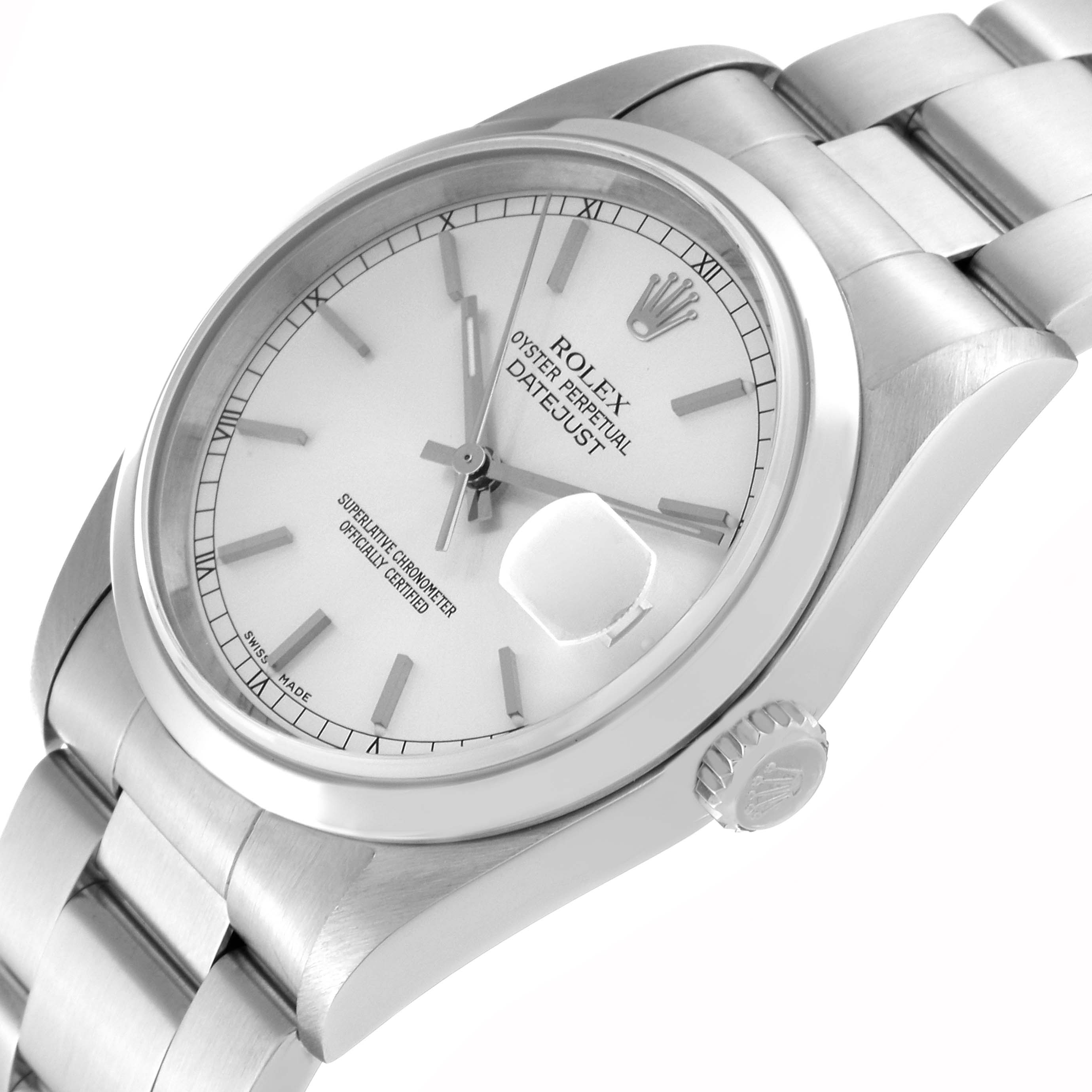 The image shows a Rolex Datejust 16200 Men's Stainless Steel Silver Dial 16200 Men's Stainless Steel Silver Dial watch from a slightly tilted side-view, highlighting the dial, crown, and part of the bracelet.