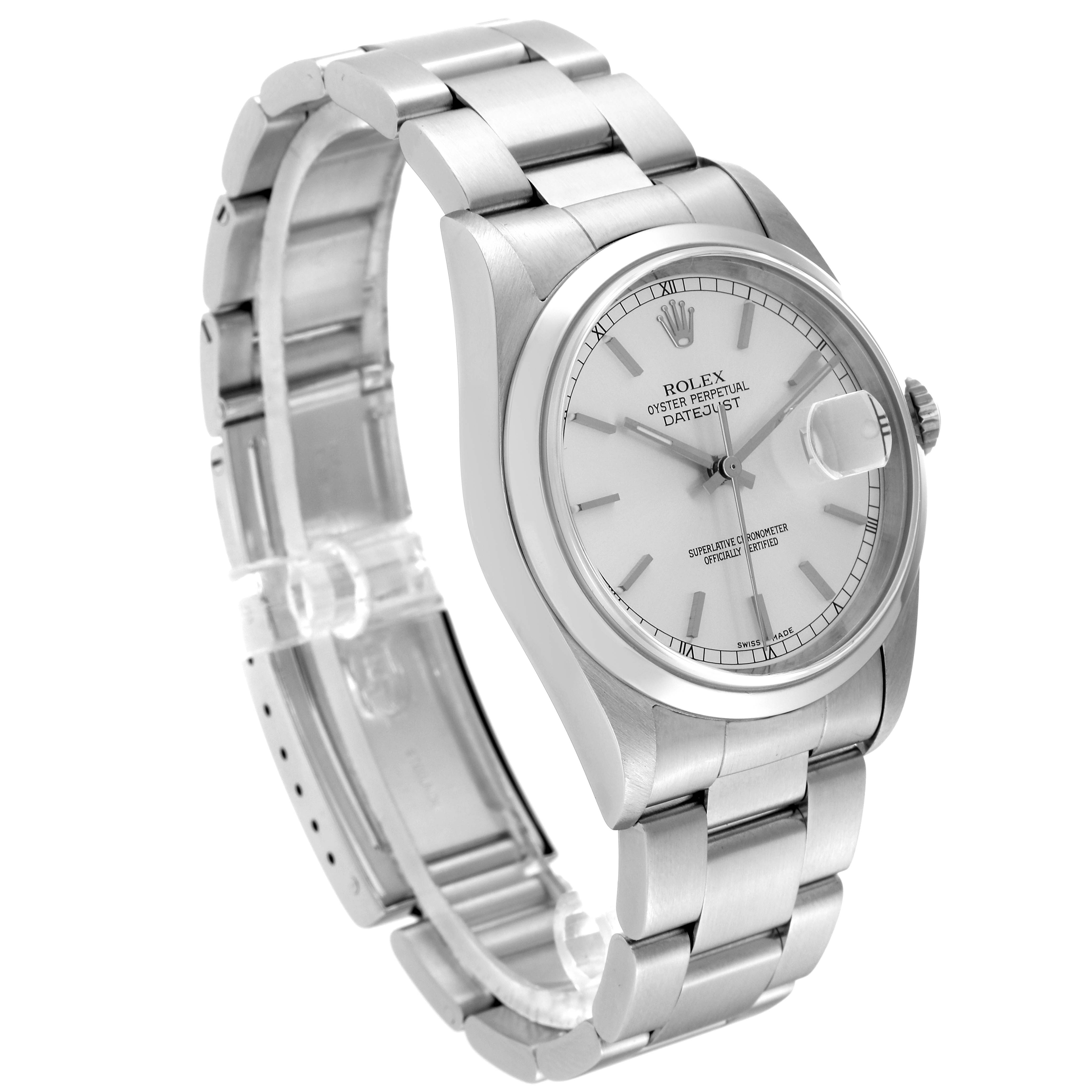 The image shows a side angle of a Rolex Datejust 16200 Men's Stainless Steel Silver Dial 16200 Men's Stainless Steel Silver Dial watch displaying part of the bracelet and the dial.