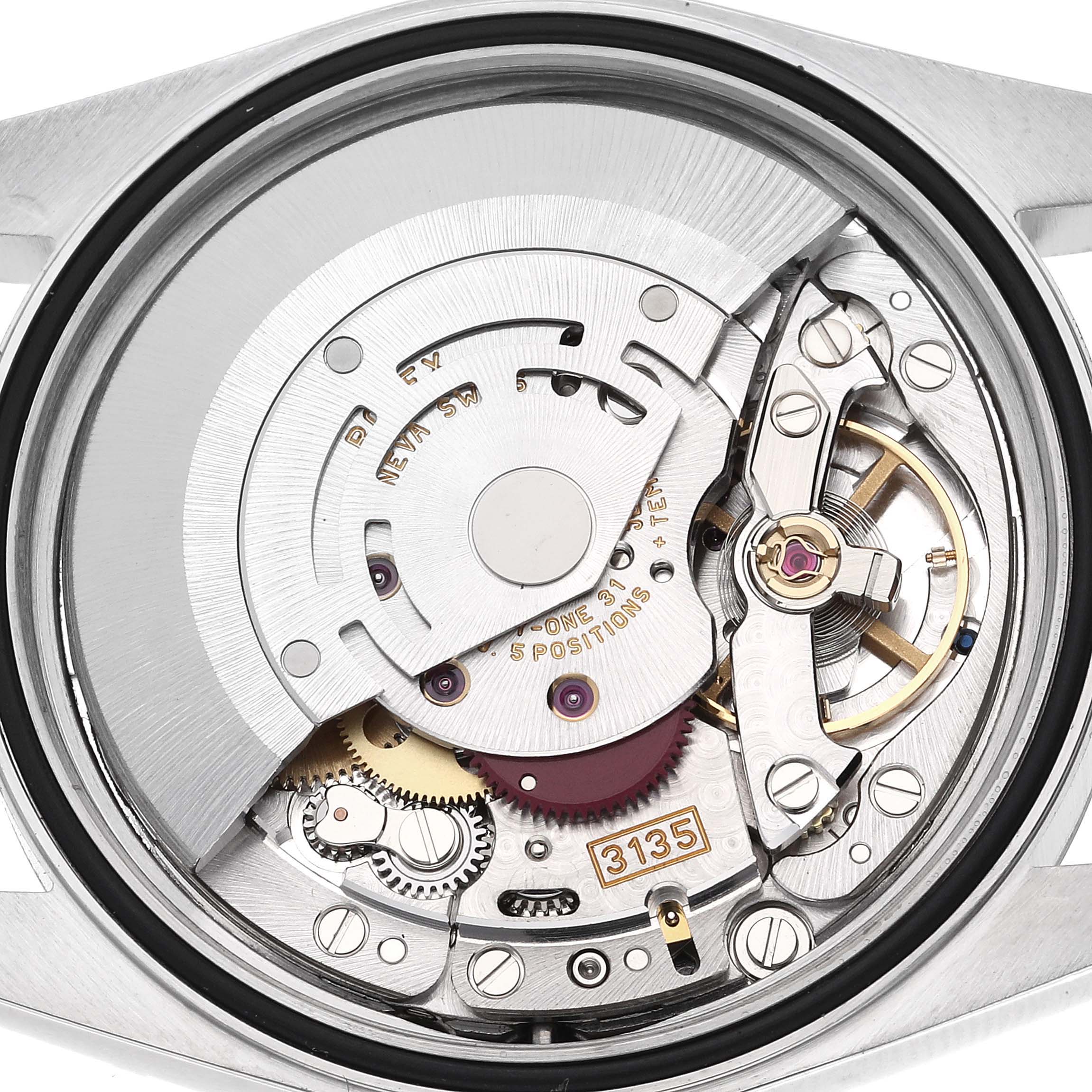 This image shows the internal mechanism of a Rolex Datejust 16200 Men's Stainless Steel Silver Dial 16200 Men's Stainless Steel Silver Dial watch from a back angle, revealing its intricate components.