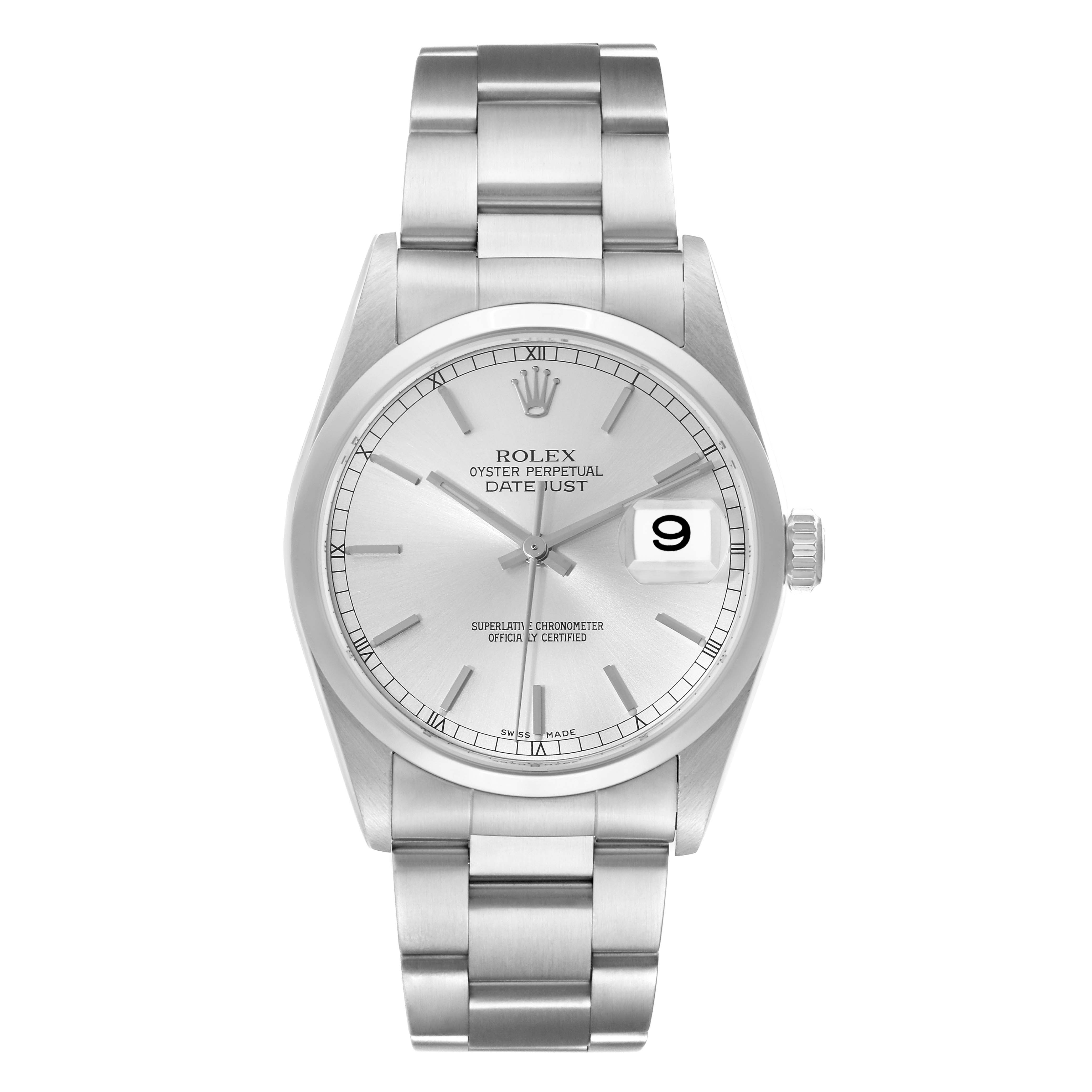 This image displays the front of a Rolex Datejust 16200 Men's Stainless Steel Silver Dial 16200 Men's Stainless Steel Silver Dial watch, showcasing the dial, hands, date window, and bracelet.