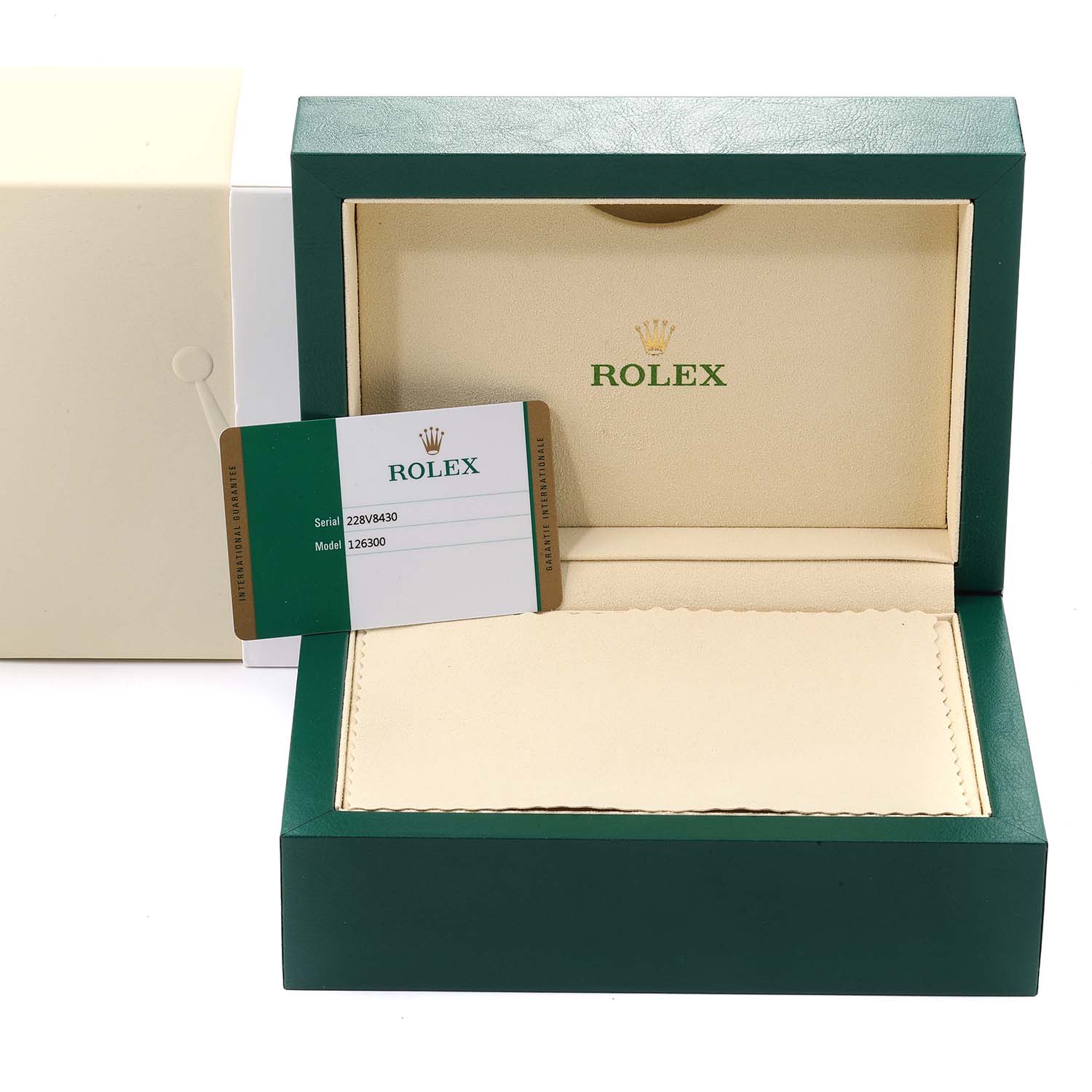 The image shows the open box and warranty card of a Rolex Datejust 41 126300 Men
s Stainless Steel Silver Dial 126300 Men
s Stainless Steel Silver Dial watch.