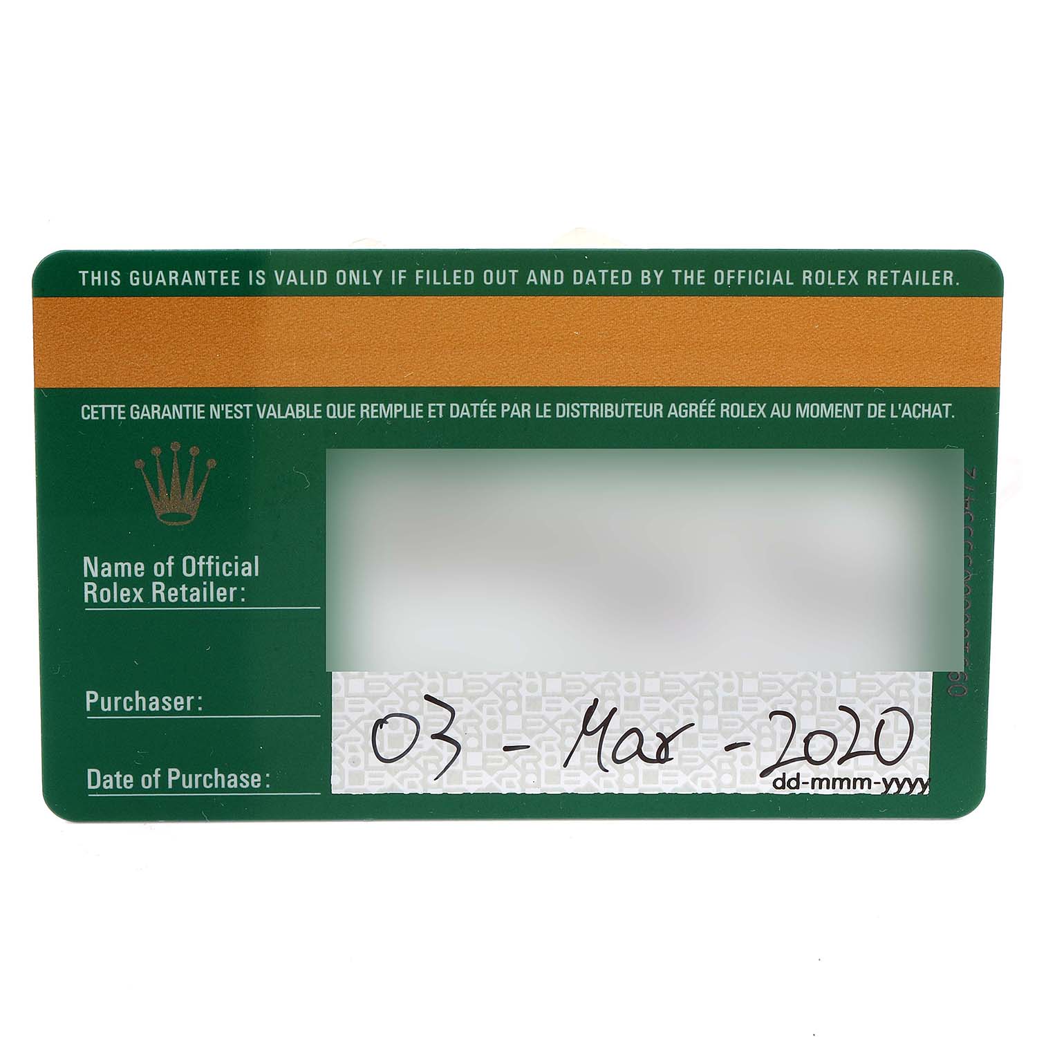 This image shows the warranty card for a Rolex Datejust 41 126300 Men
s Stainless Steel Silver Dial 126300 Men
s Stainless Steel Silver Dial watch, specifically focusing on the filled-out purchase and retailer date section.