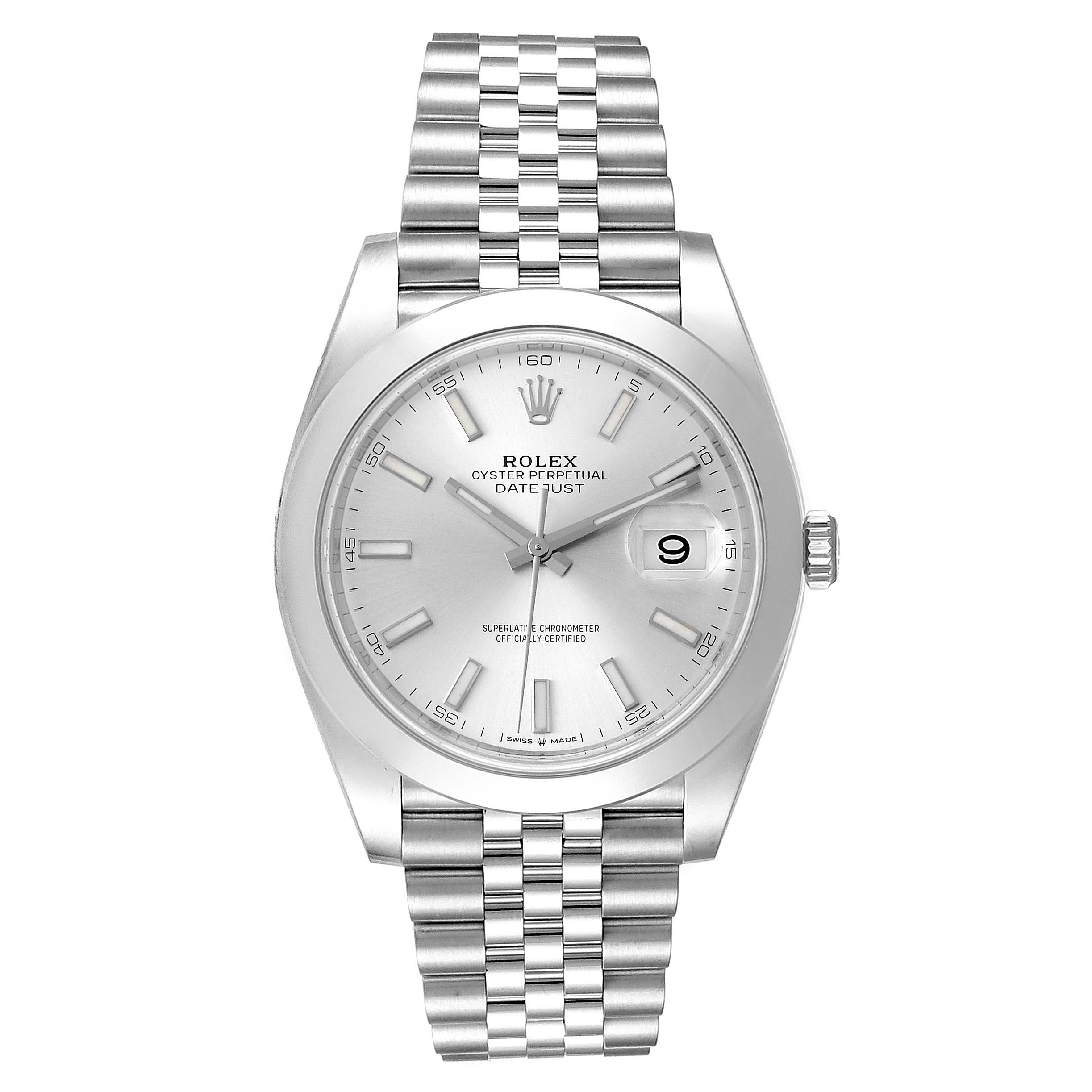 This image shows the Rolex Datejust 41 126300 Men
s Stainless Steel Silver Dial 126300 Men
s Stainless Steel Silver Dial watch from a front view, highlighting its dial, bracelet, and date window.