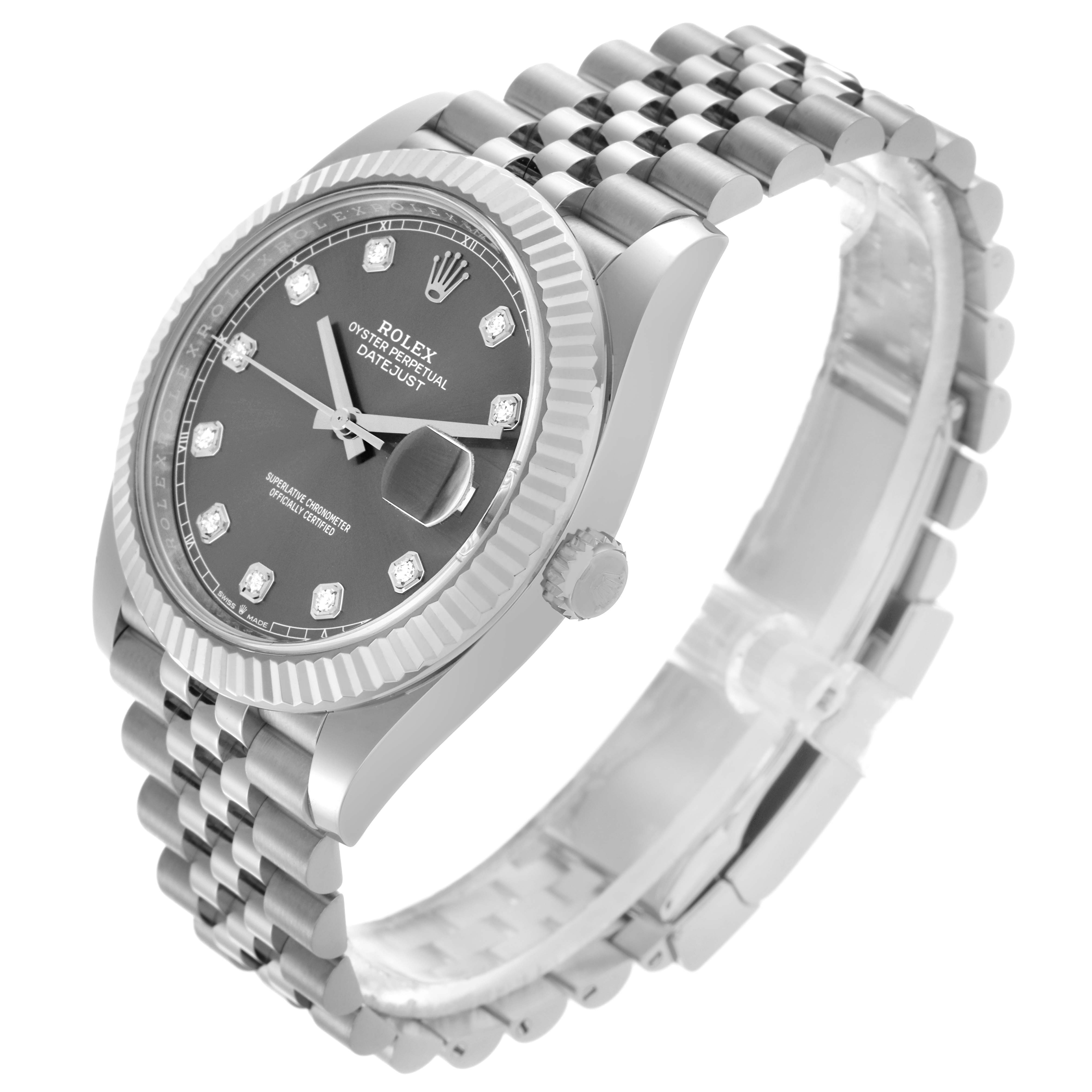 The Rolex Datejust 41 126334 Men
s Stainless Steel Grey Dial 126334 Men
s Stainless Steel Grey Dial watch is shown at a three-quarter angle, highlighting the bezel, dial, crown, and bracelet.