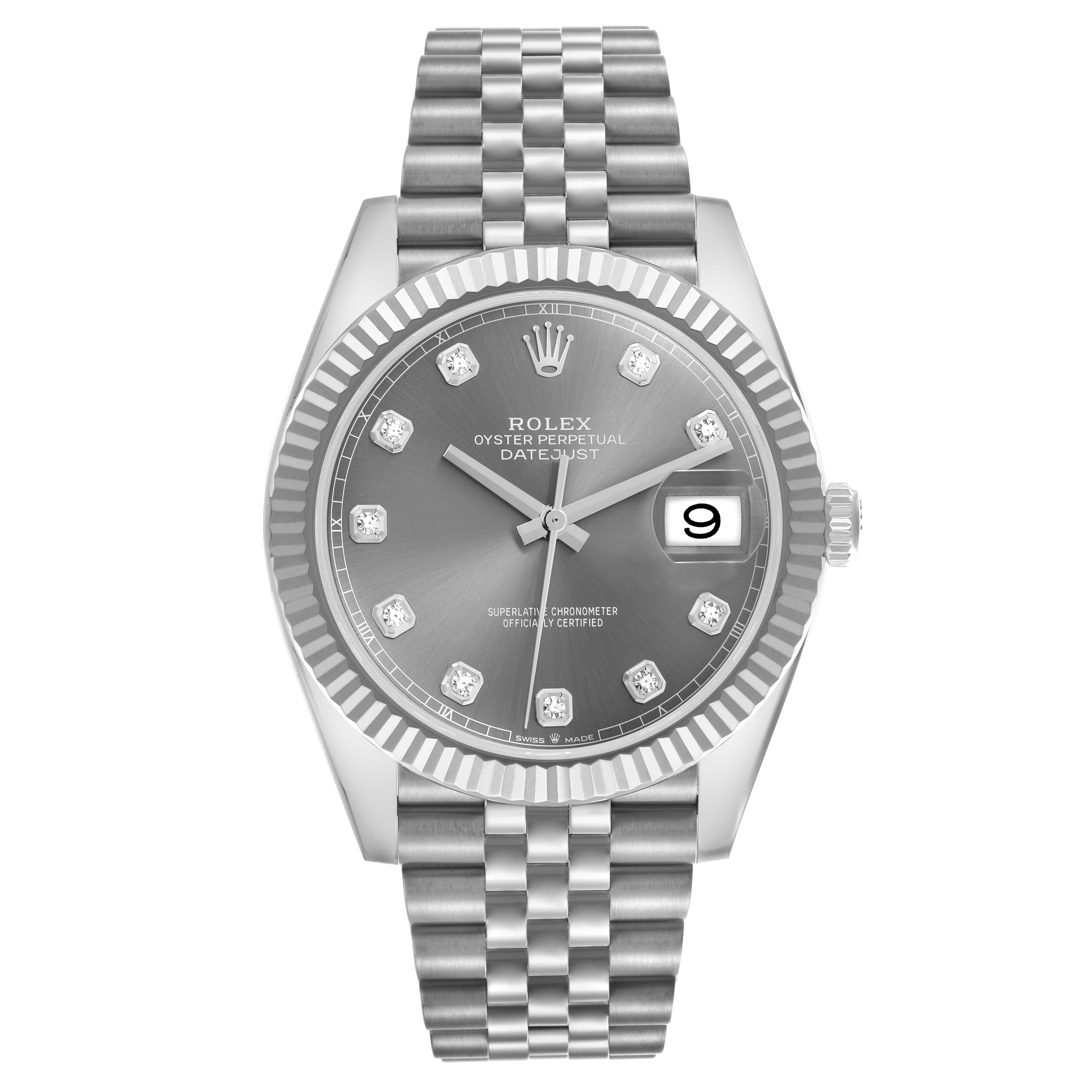 The Rolex Datejust 41 126334 Men
s Stainless Steel Grey Dial 126334 Men
s Stainless Steel Grey Dial is shown from a front view, displaying the dial, fluted bezel, and Jubilee bracelet.