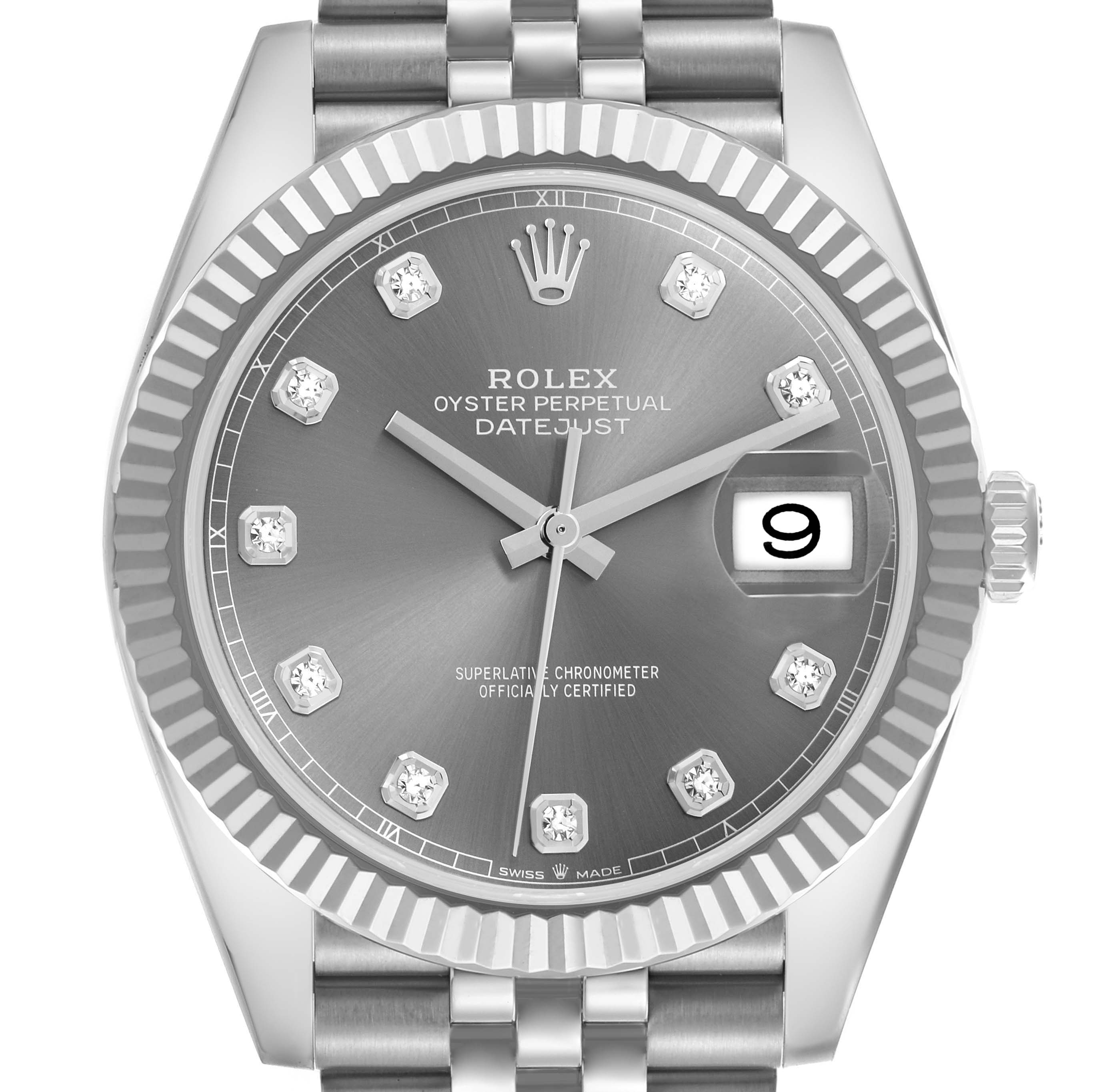 The Rolex Datejust 41 126334 Men
s Stainless Steel Grey Dial 126334 Men
s Stainless Steel Grey Dial watch is shown from a front angle, highlighting the dial, bezel, and part of the bracelet.