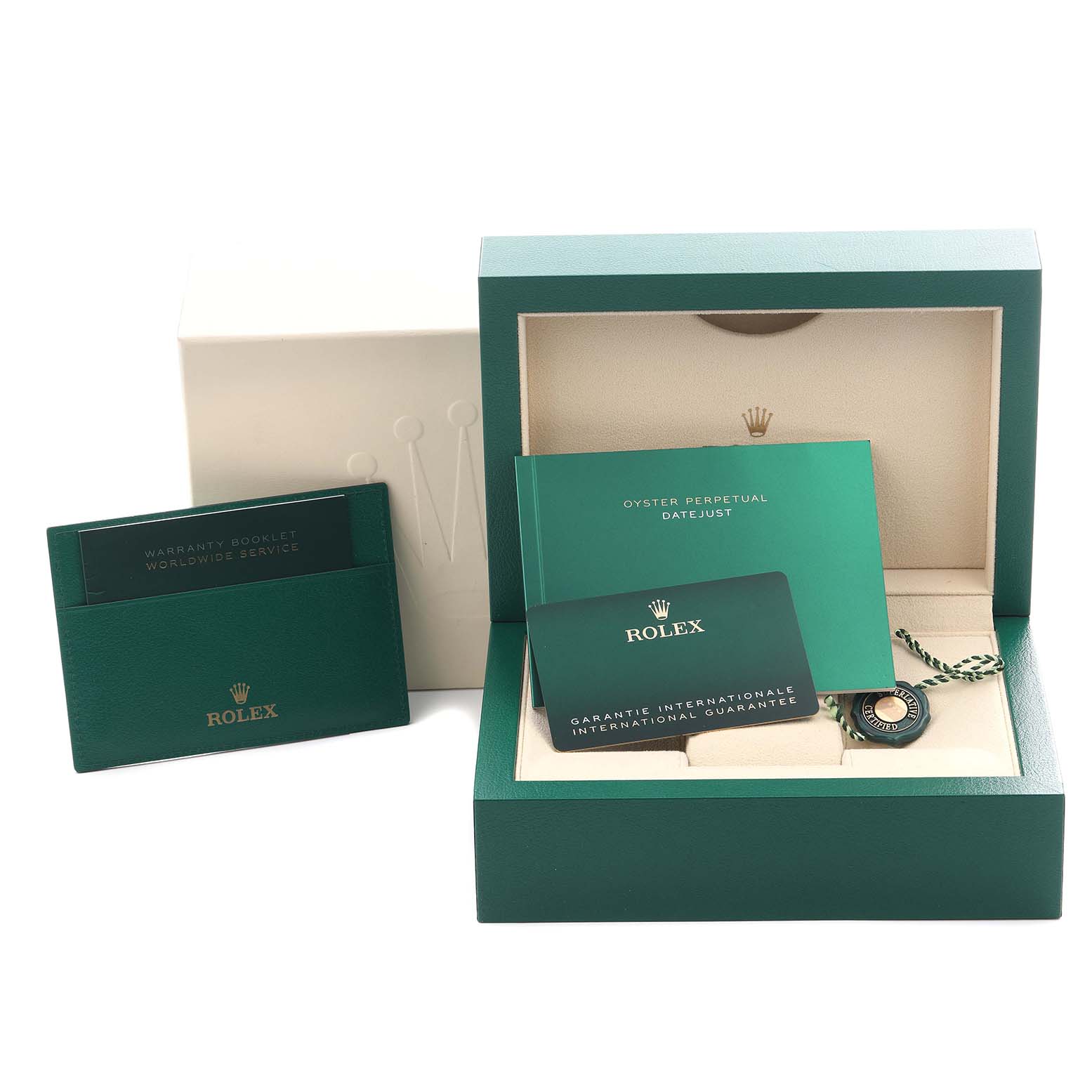 The image shows the packaging and accessories of a Rolex Datejust 41 126334 Men
s Stainless Steel Grey Dial 126334 Men
s Stainless Steel Grey Dial, including the warranty booklet and international guarantee card.