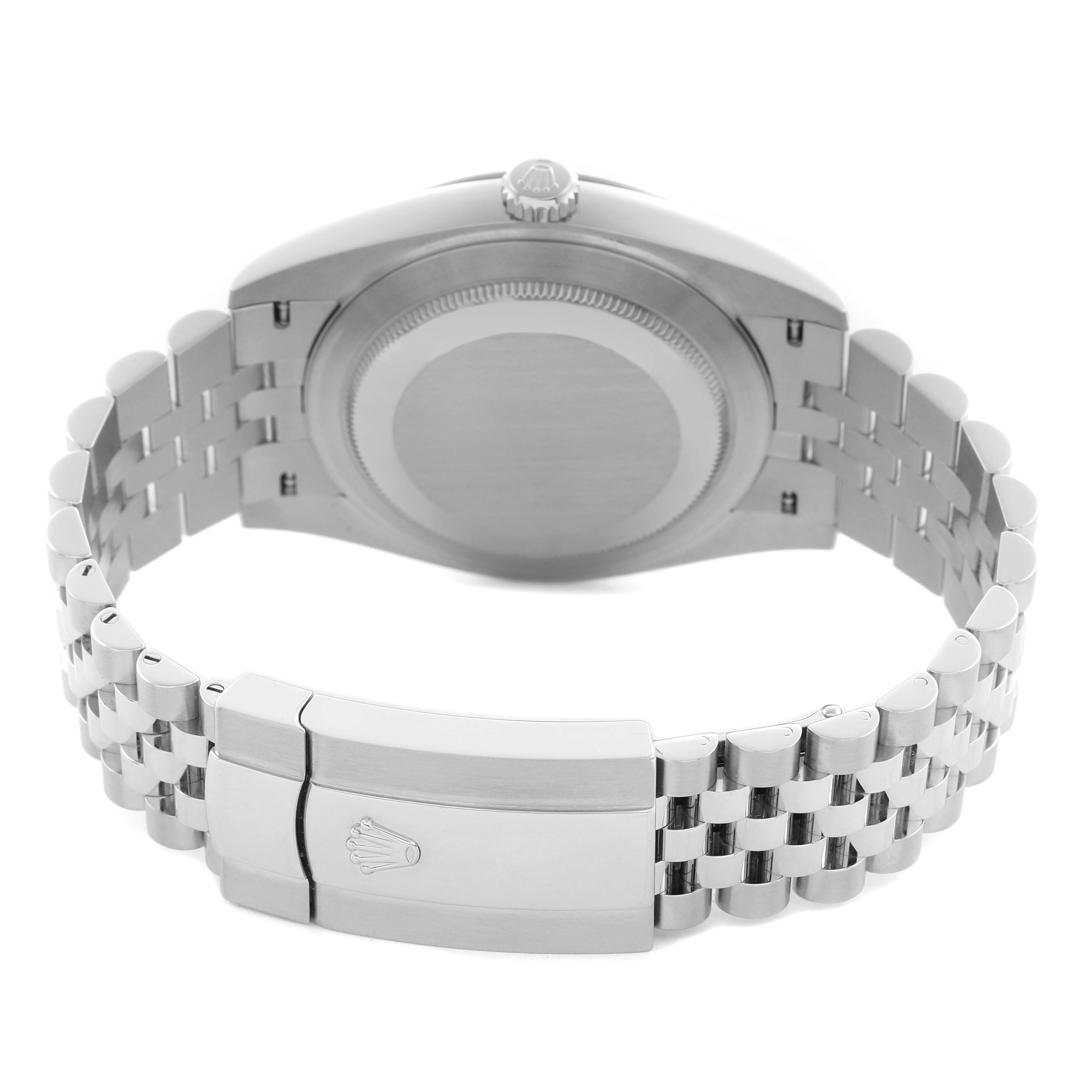 The Rolex Datejust 41 126334 Men
s Stainless Steel Grey Dial 126334 Men
s Stainless Steel Grey Dial watch is shown from the back, highlighting the case back, bracelet, and clasp.
