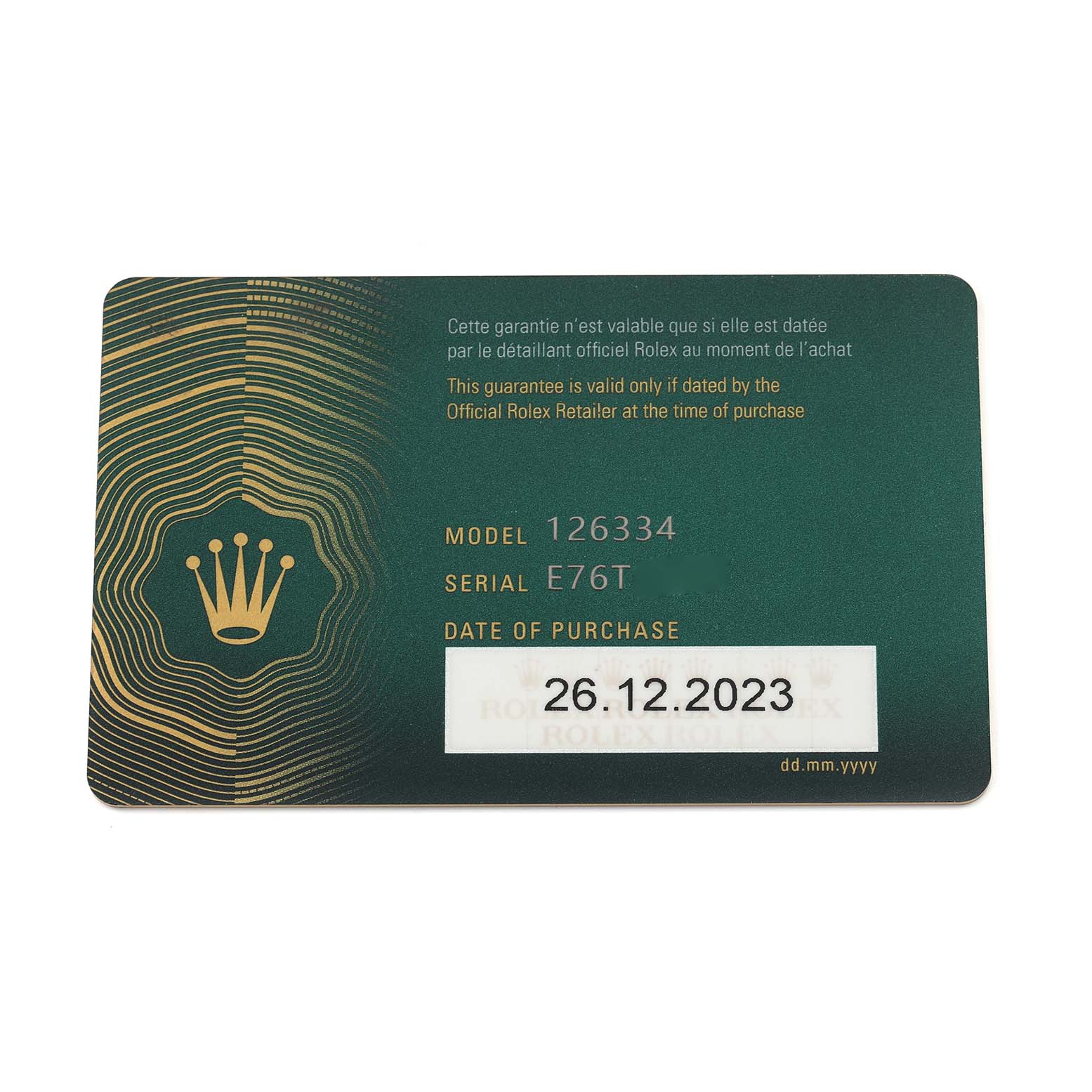 The image shows a warranty card for the Rolex Datejust 41 126334 Men
s Stainless Steel Grey Dial 126334 Men
s Stainless Steel Grey Dial, displaying the model, serial number, and purchase date.