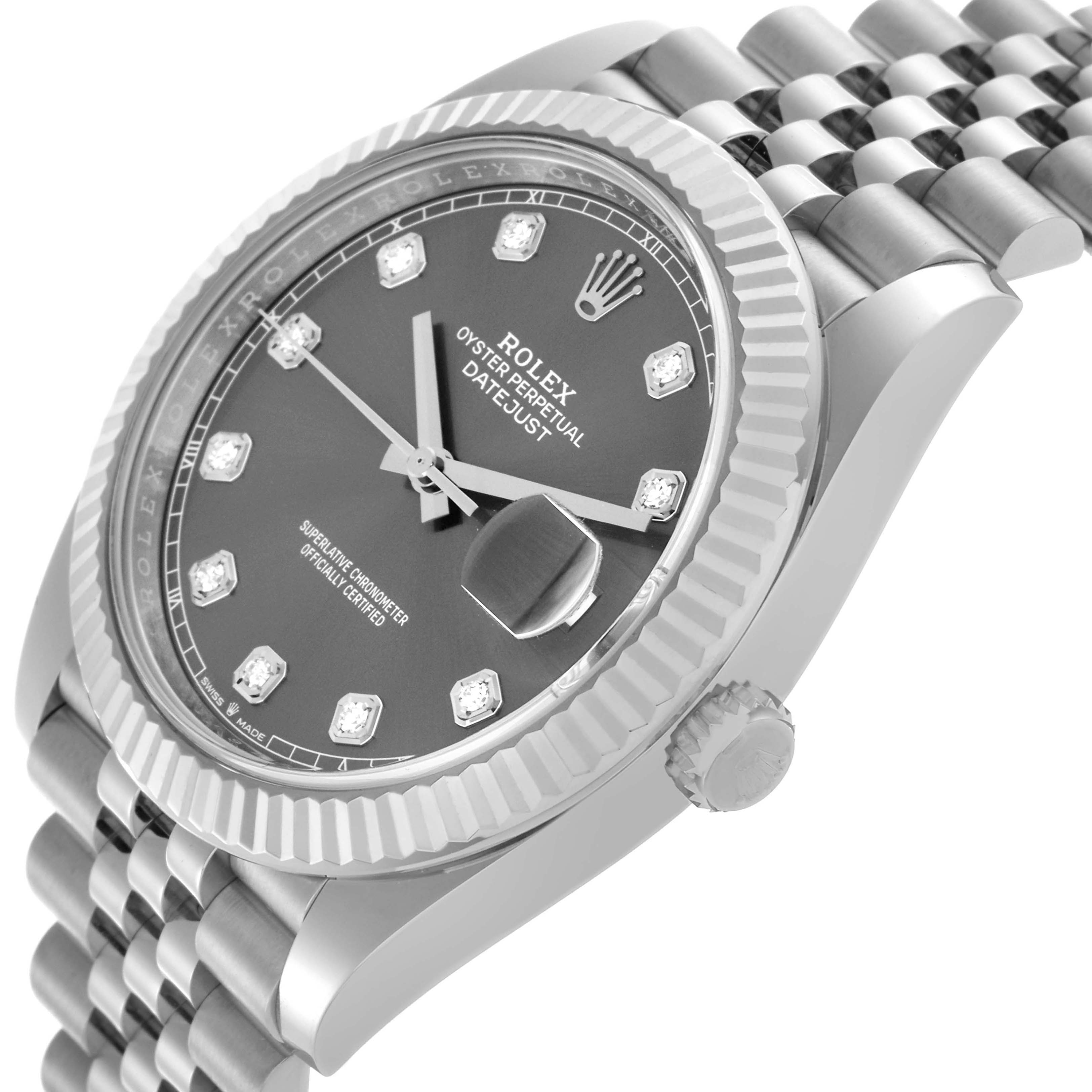 The Rolex Datejust 41 126334 Men
s Stainless Steel Grey Dial 126334 Men
s Stainless Steel Grey Dial is shown from a side angle, highlighting the dial, bezel, crown, and Jubilee bracelet.