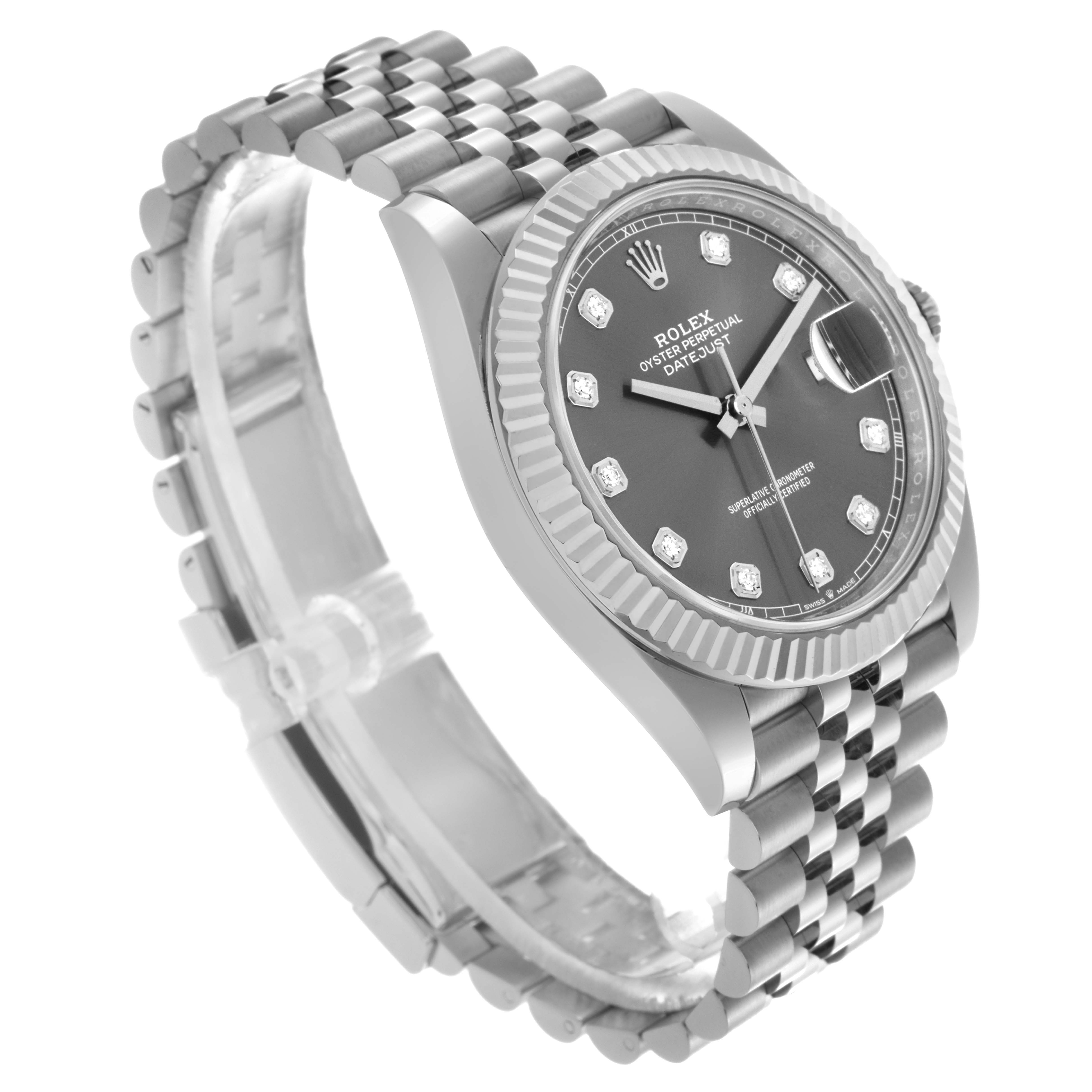 The Rolex Datejust 41 126334 Men
s Stainless Steel Grey Dial 126334 Men
s Stainless Steel Grey Dial watch is shown at a three-quarter angle, highlighting the bezel, dial, case, and Jubilee bracelet.