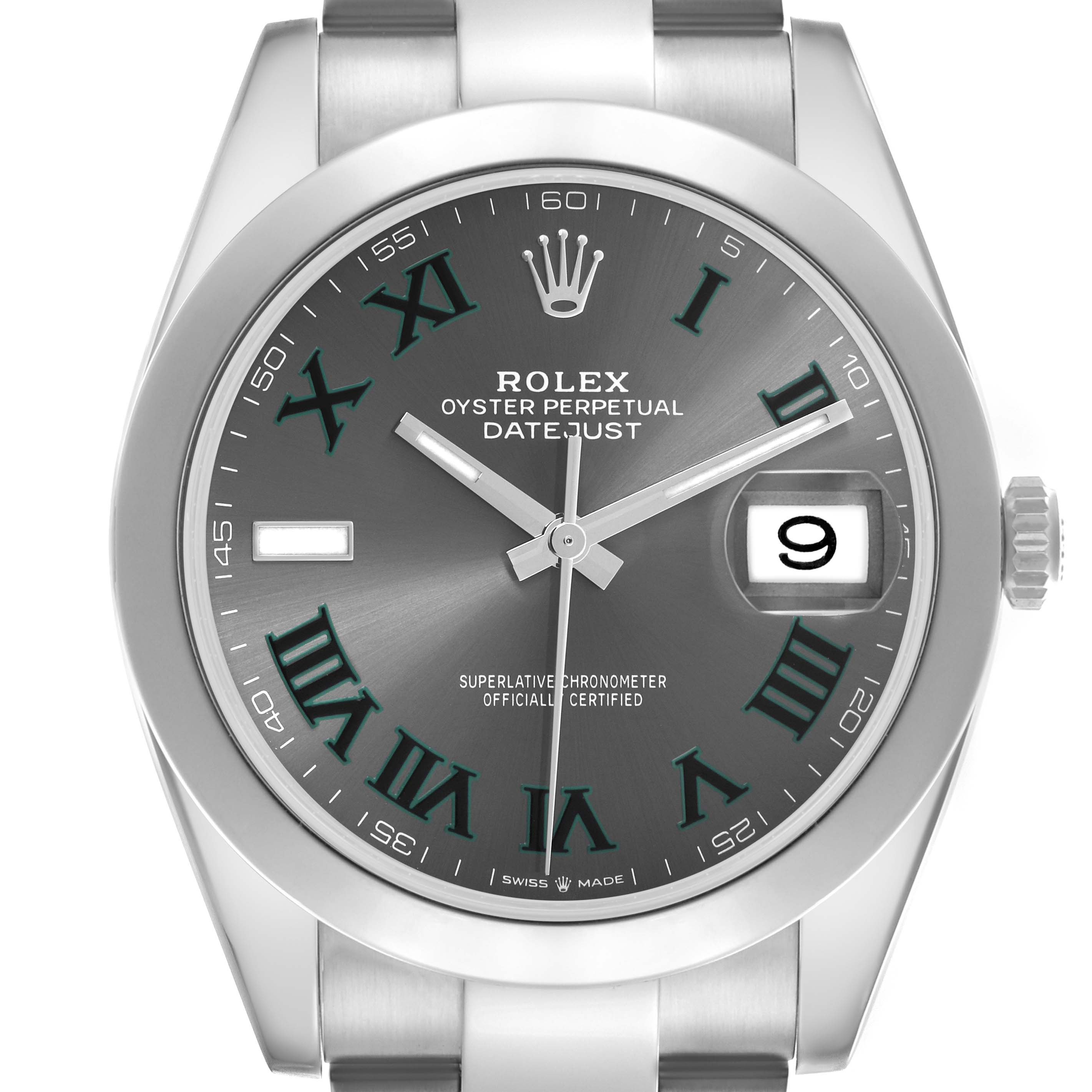 The Rolex Datejust 41 126300 Men
s Stainless Steel Grey Dial 126300 Men
s Stainless Steel Grey Dial is shown from a front angle, highlighting the dial, Roman numerals, date window, and crown.