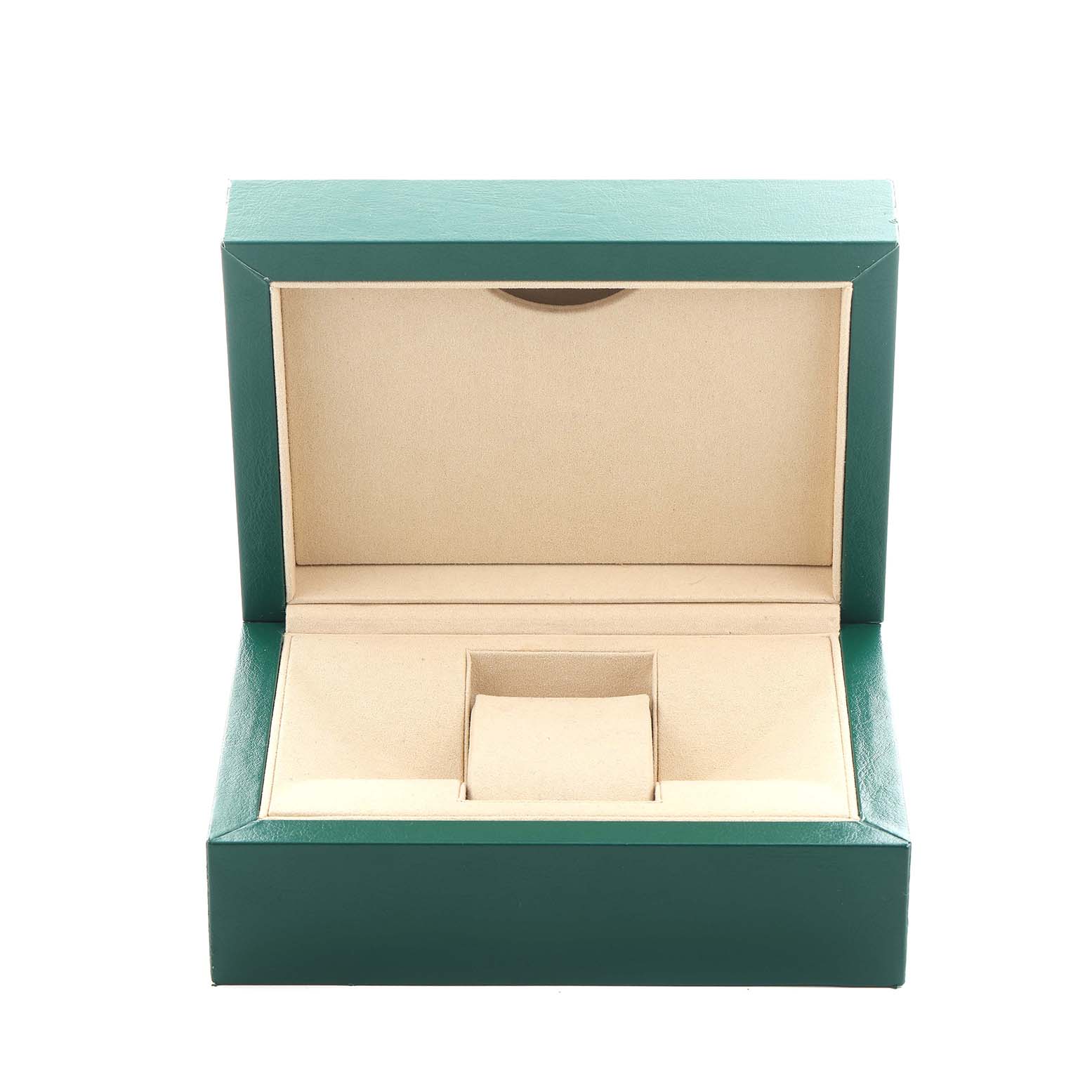 The image shows an open green Rolex watch box for a Datejust 41 model, with a beige, cushioned interior.