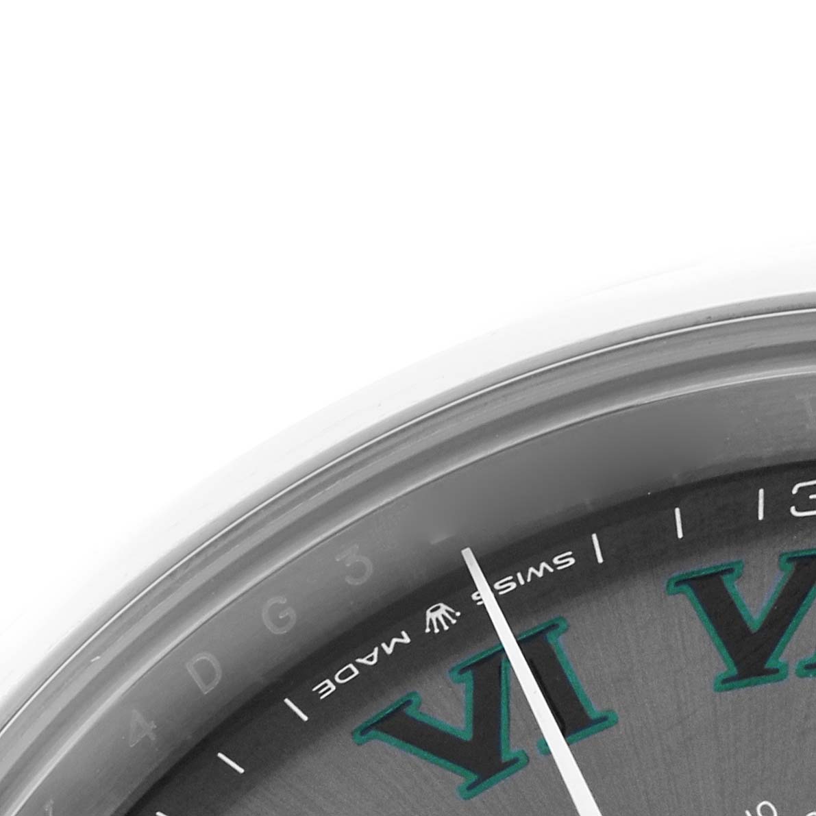 The image shows a close-up of the Rolex Datejust 41 126300 Men
s Stainless Steel Grey Dial 126300 Men
s Stainless Steel Grey Dial
s dial, focusing on the Roman numeral "VI" and the "Swiss Made" label.