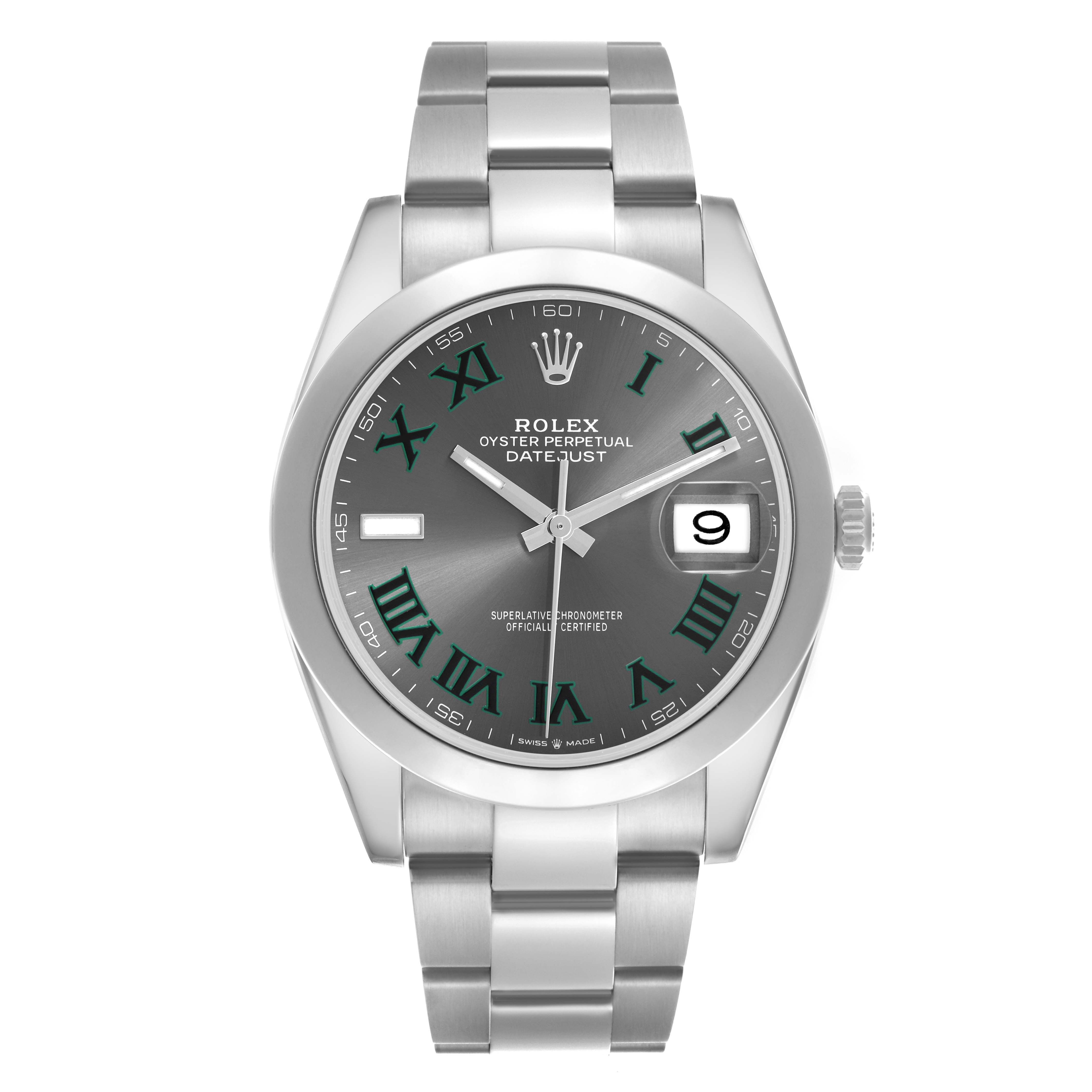 The image shows a front view of the Rolex Datejust 41 126300 Men
s Stainless Steel Grey Dial 126300 Men
s Stainless Steel Grey Dial, highlighting the dial, hands, date window, and bracelet.