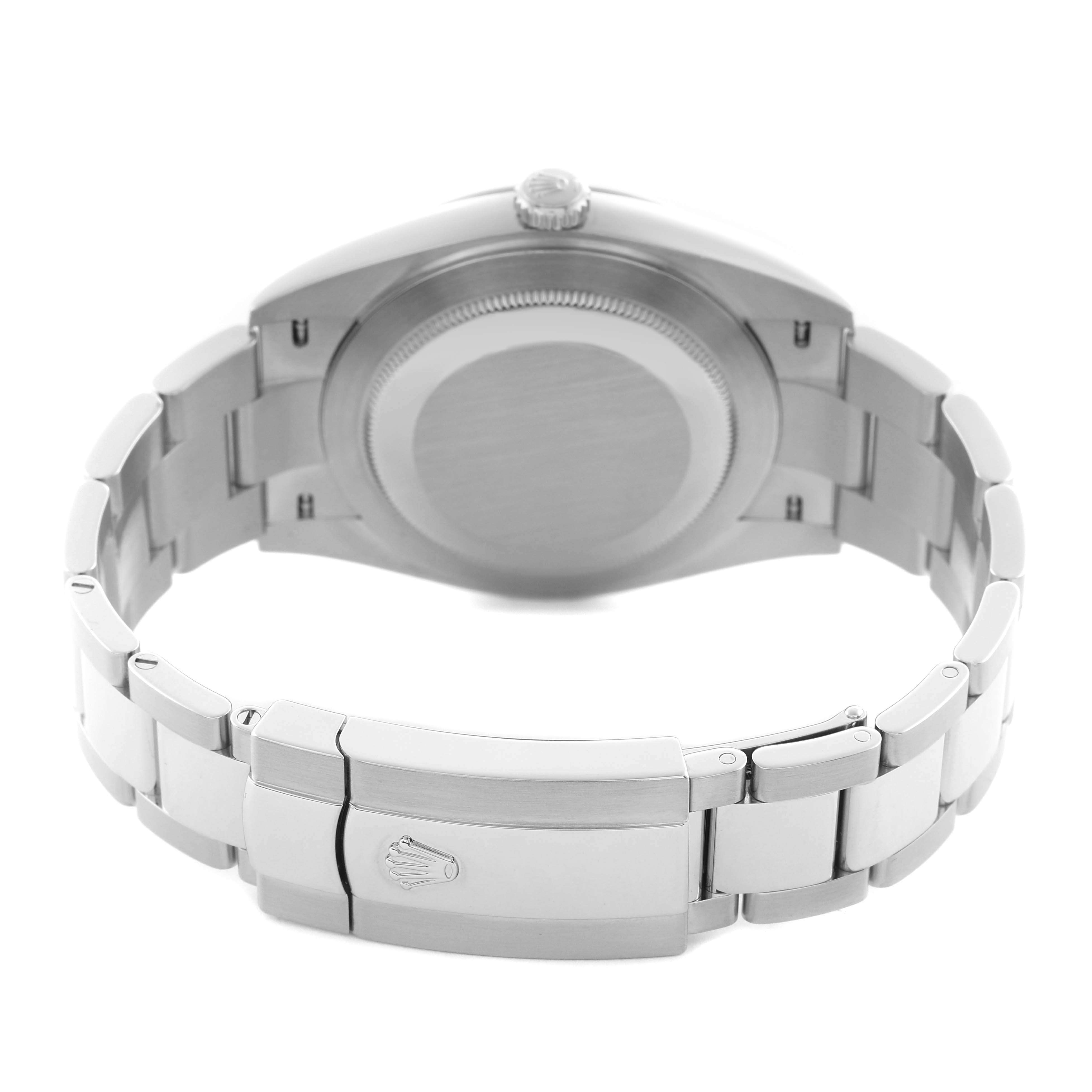 The image shows the back of a Rolex Datejust 41 126300 Men
s Stainless Steel Grey Dial 126300 Men
s Stainless Steel Grey Dial, highlighting the case back, bracelet, and clasp from a rear angle.