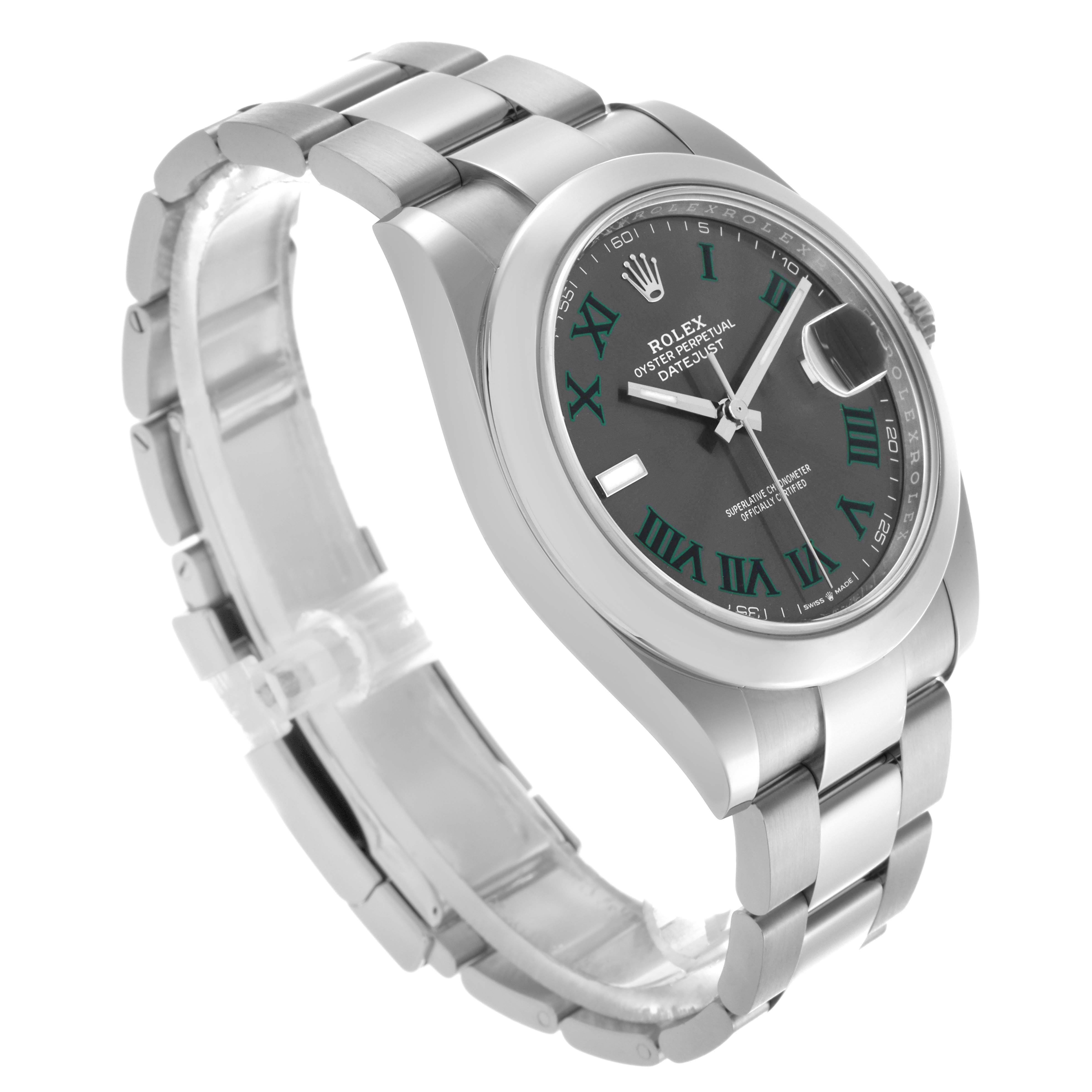 The Rolex Datejust 41 126300 Men
s Stainless Steel Grey Dial 126300 Men
s Stainless Steel Grey Dial is shown from an angled side view, highlighting the bezel, bracelet, and dial with green Roman numerals.